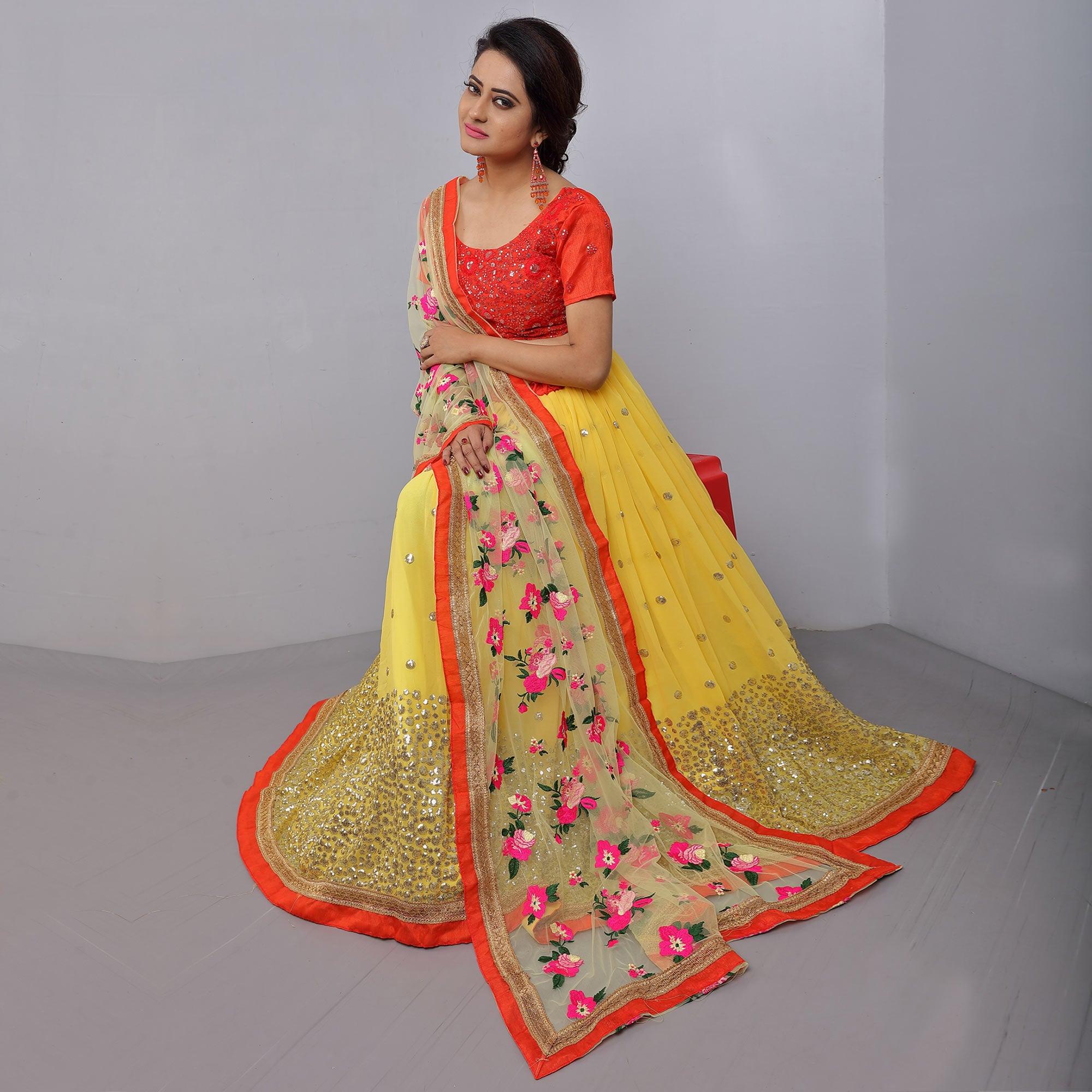 Yellow Party Wear Sequence Embroidered Georgette Lehenga Choli - Peachmode