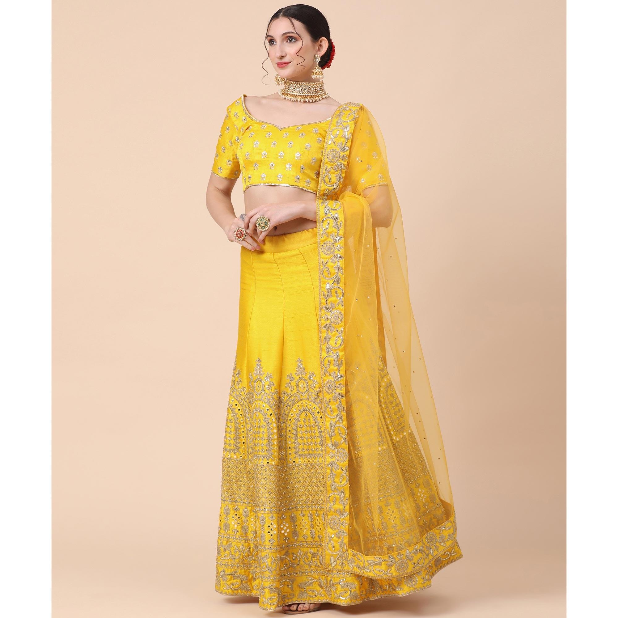 Yellow Party Wear Sequence Embroidered Silk Lehenga Choli - Peachmode