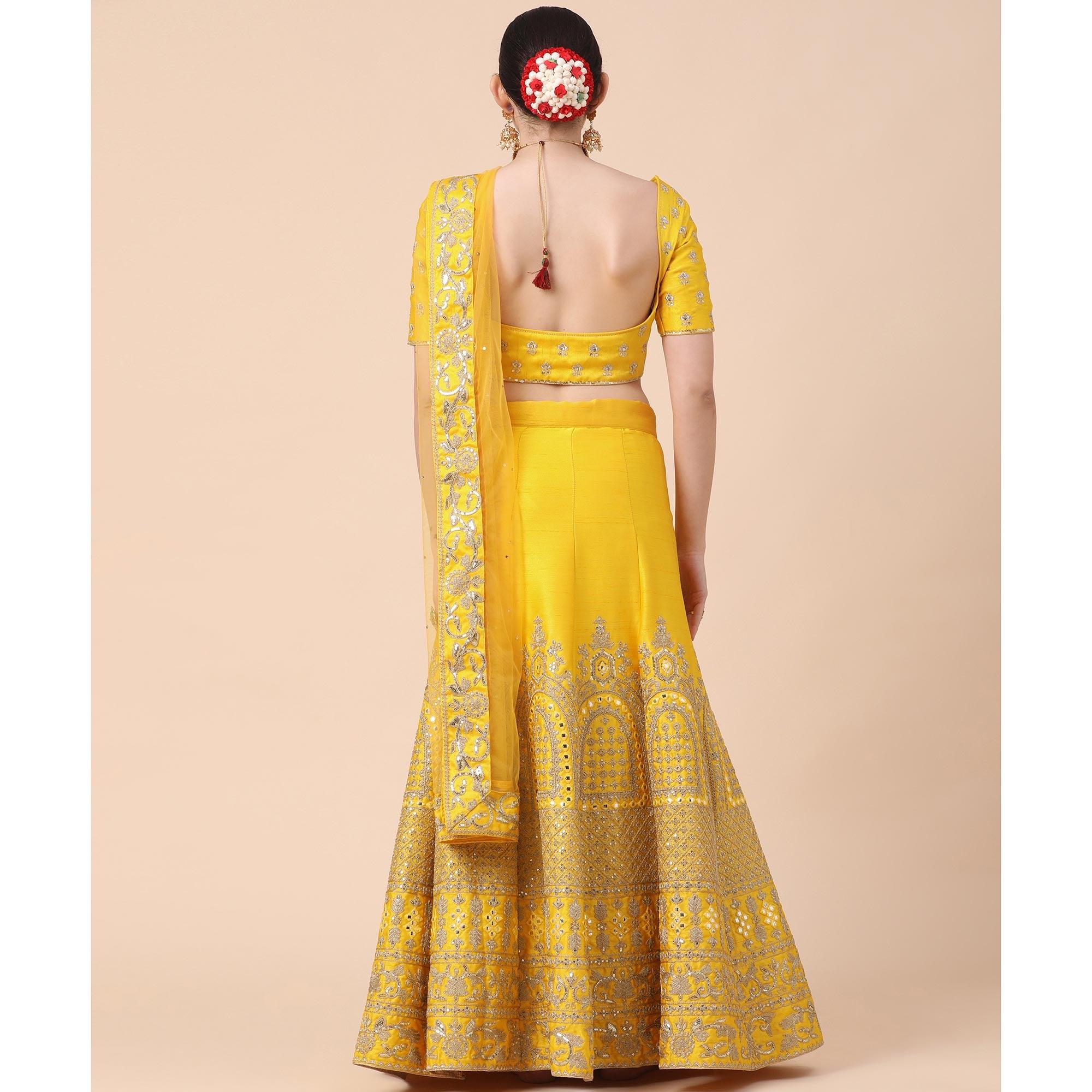Yellow Party Wear Sequence Embroidered Silk Lehenga Choli - Peachmode