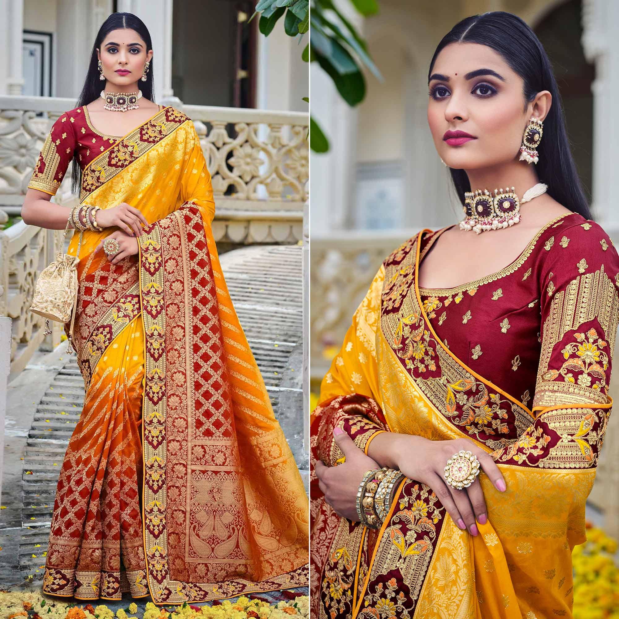 Yellow Party Wear Woven-Embroidered Silk Saree - Peachmode