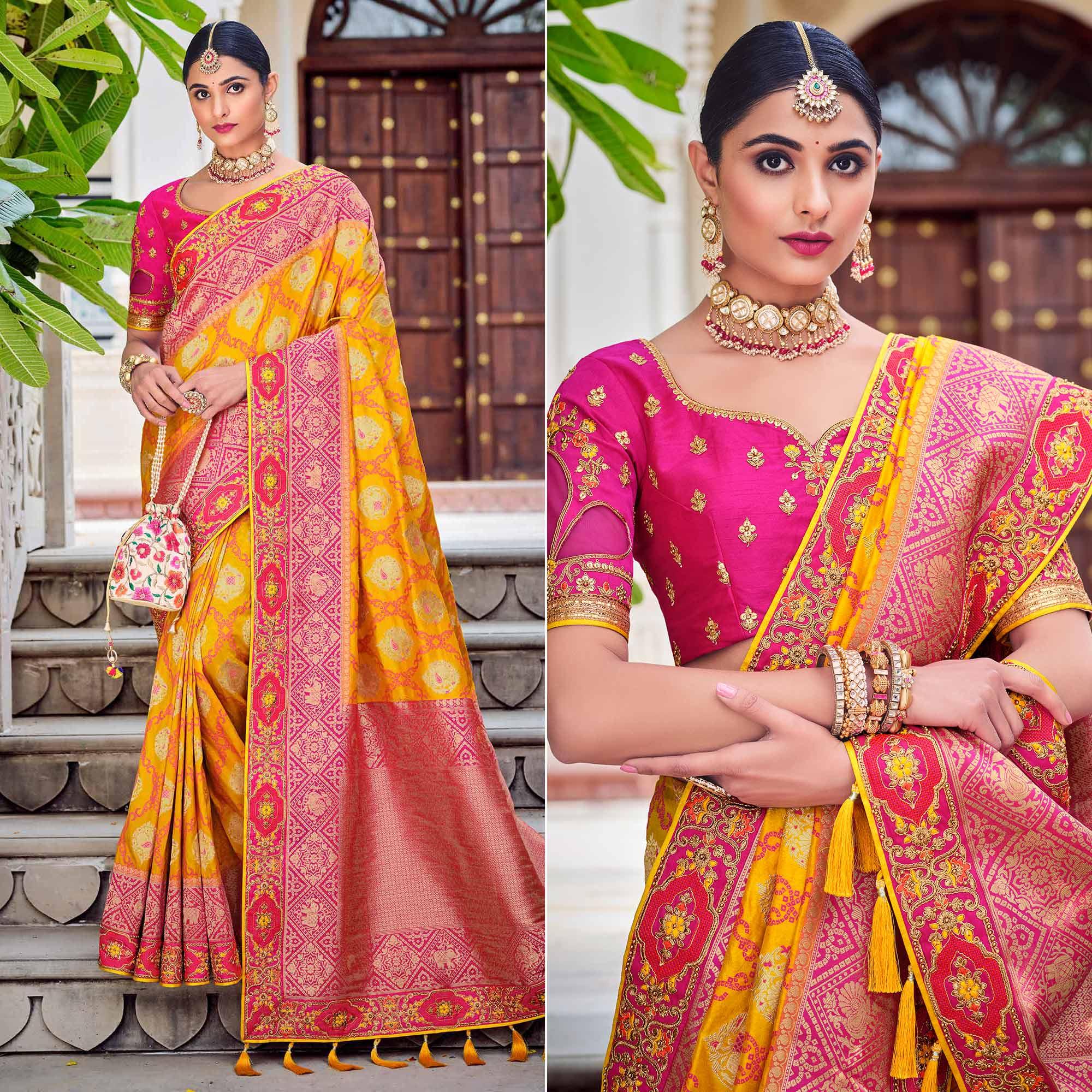 Yellow Party Wear Woven-Embroidered Silk Saree - Peachmode