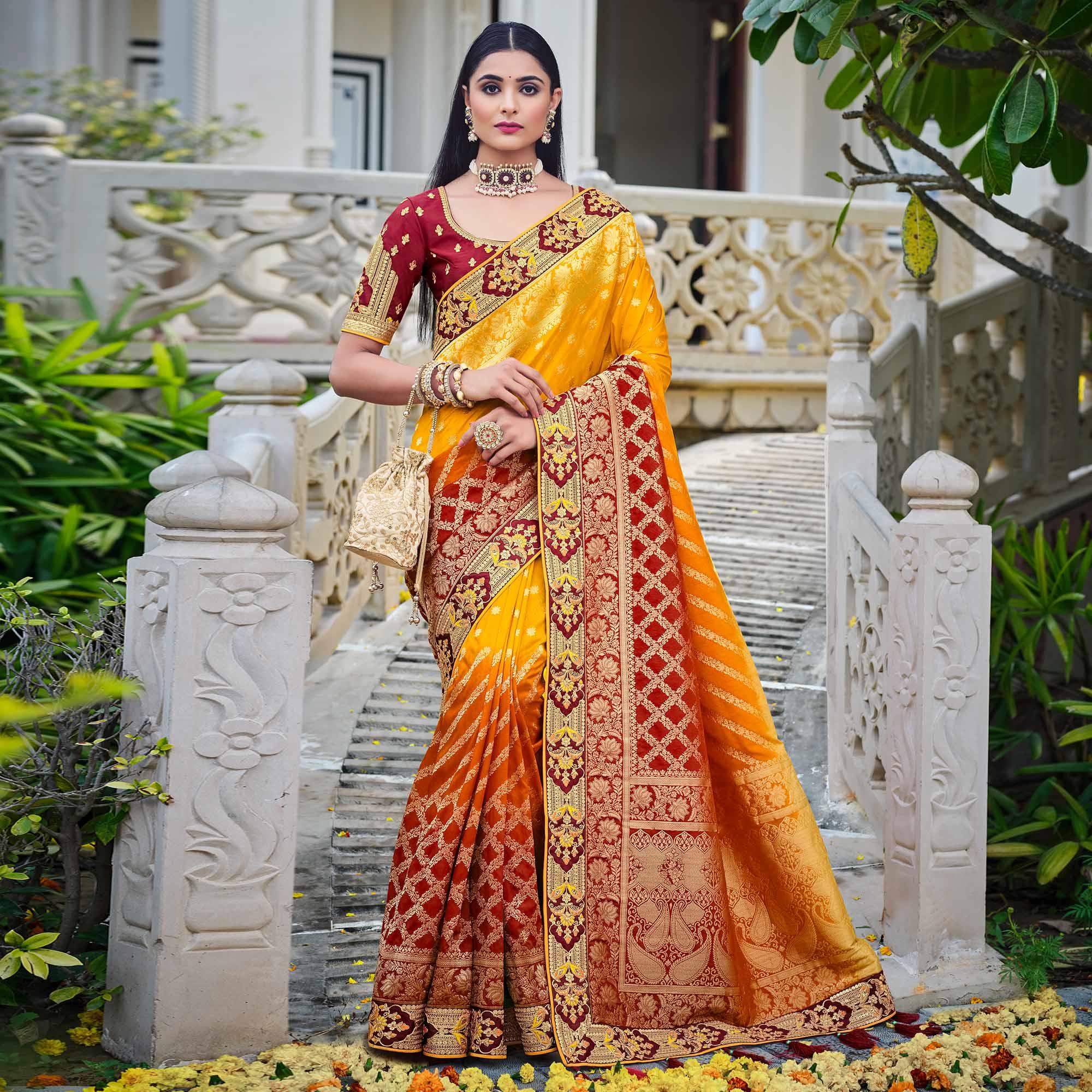 Yellow Party Wear Woven-Embroidered Silk Saree - Peachmode