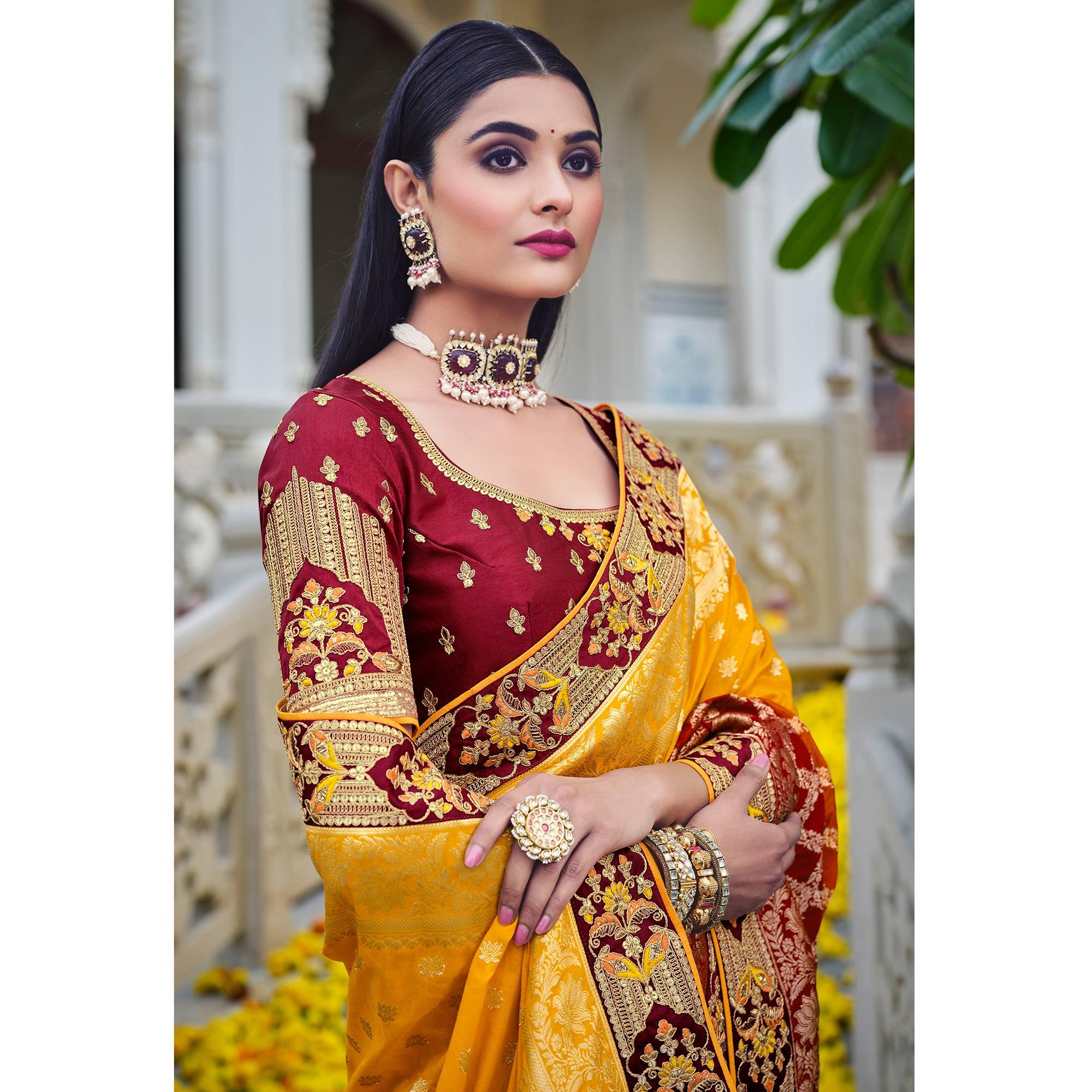 Yellow Party Wear Woven-Embroidered Silk Saree - Peachmode