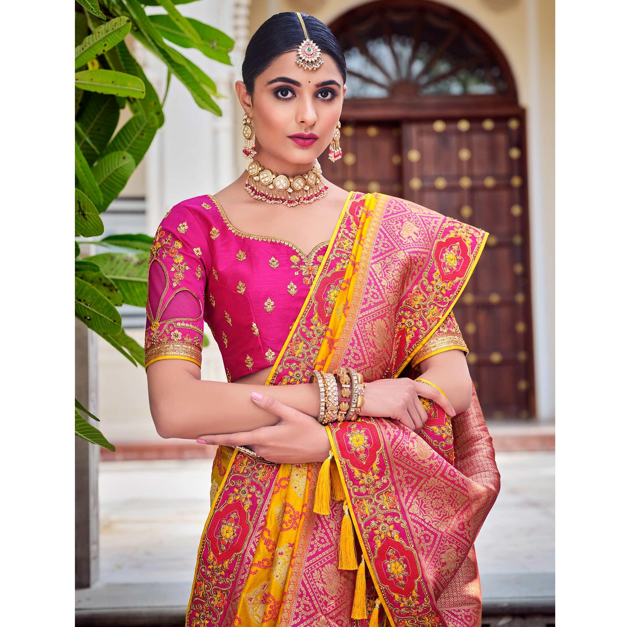 Yellow Party Wear Woven-Embroidered Silk Saree - Peachmode
