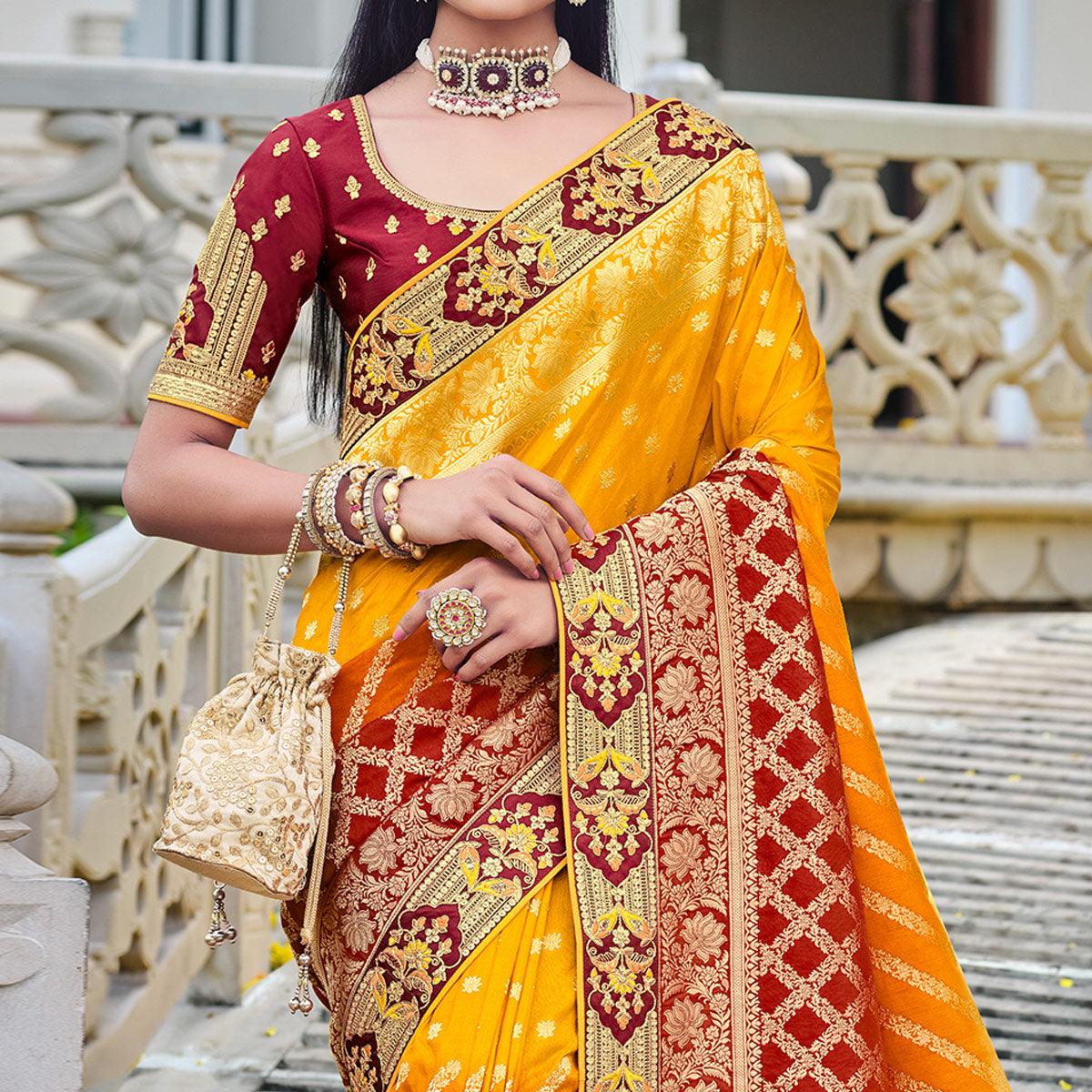 Yellow Party Wear Woven-Embroidered Silk Saree - Peachmode