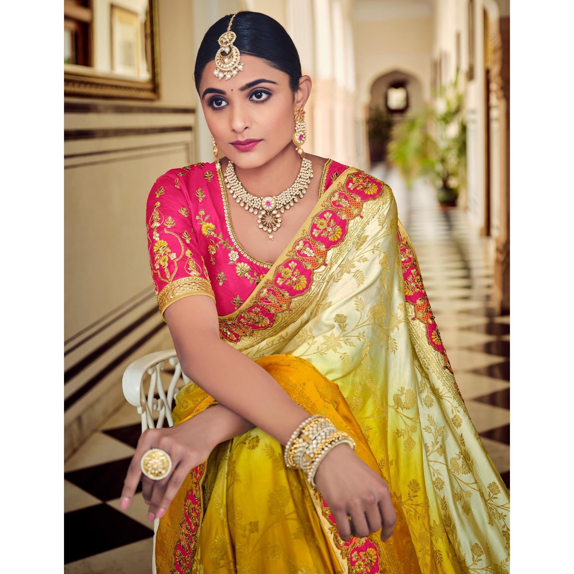 Yellow Party Wear Woven-Embroidered Silk Saree - Peachmode