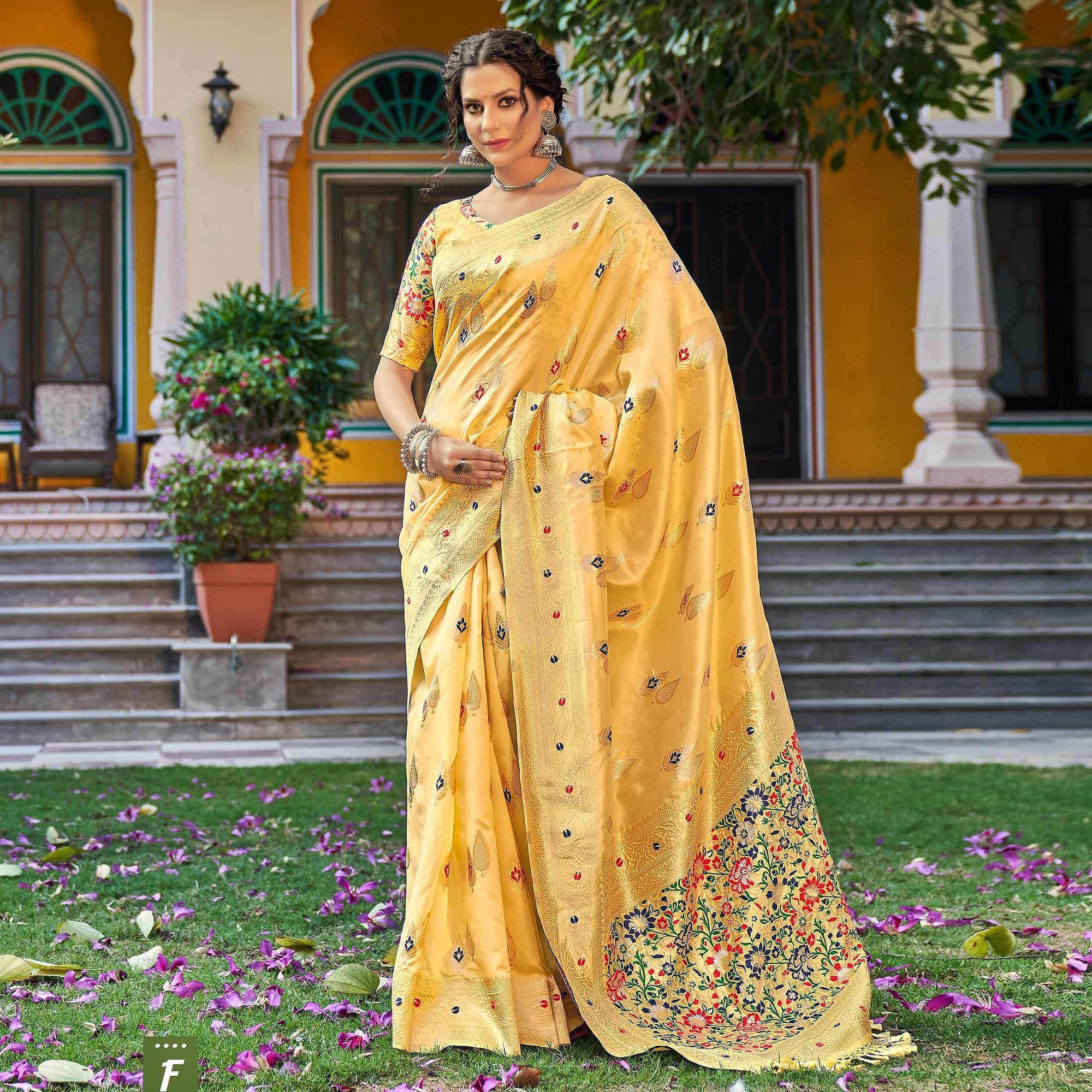 Yellow Partywear Banarasi Woven Silk Saree with Kashmiri Pallu - Peachmode