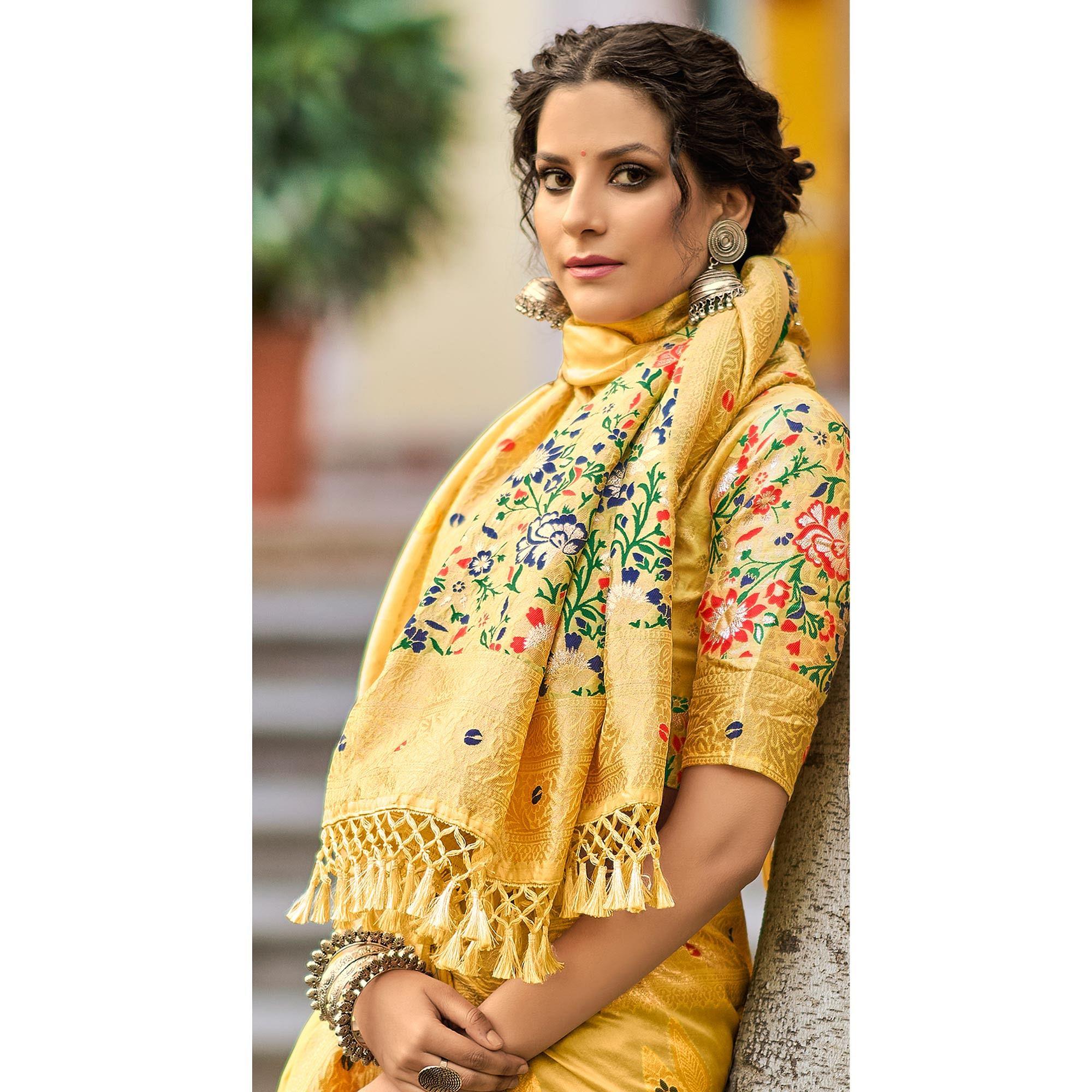 Yellow Partywear Banarasi Woven Silk Saree with Kashmiri Pallu - Peachmode