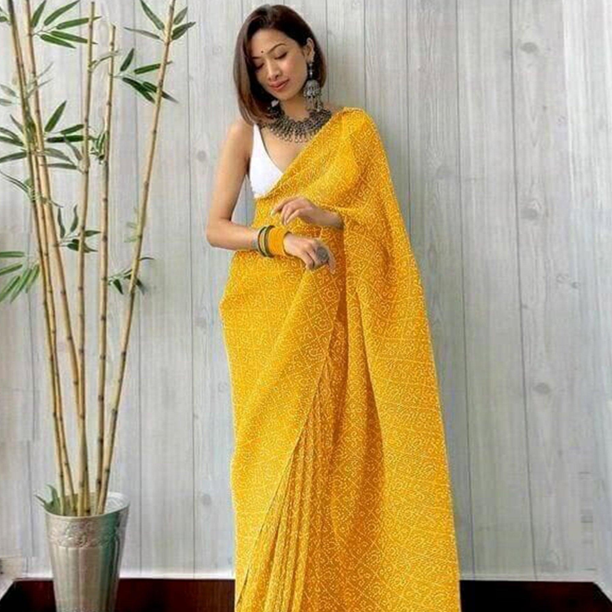 Yellow Partywear Bandhani Printed Georgette Saree - Peachmode