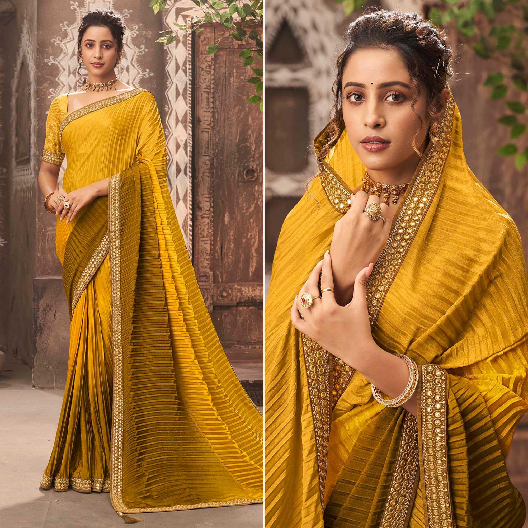 Yellow Partywear Crushed Chiffon Saree with Fancy Lace - Peachmode