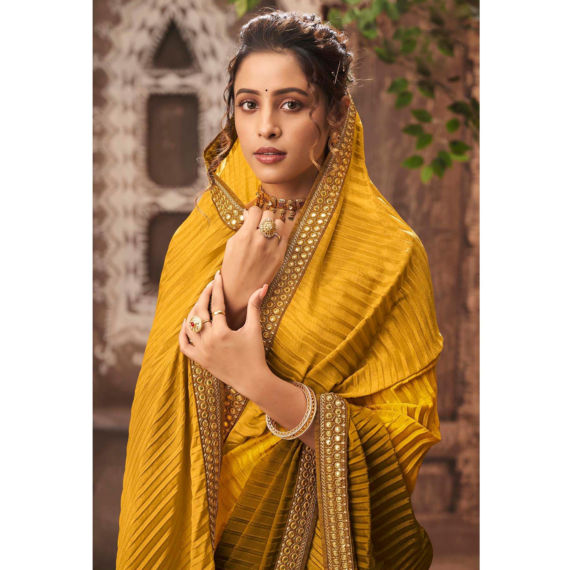 Yellow Partywear Crushed Chiffon Saree with Fancy Lace - Peachmode