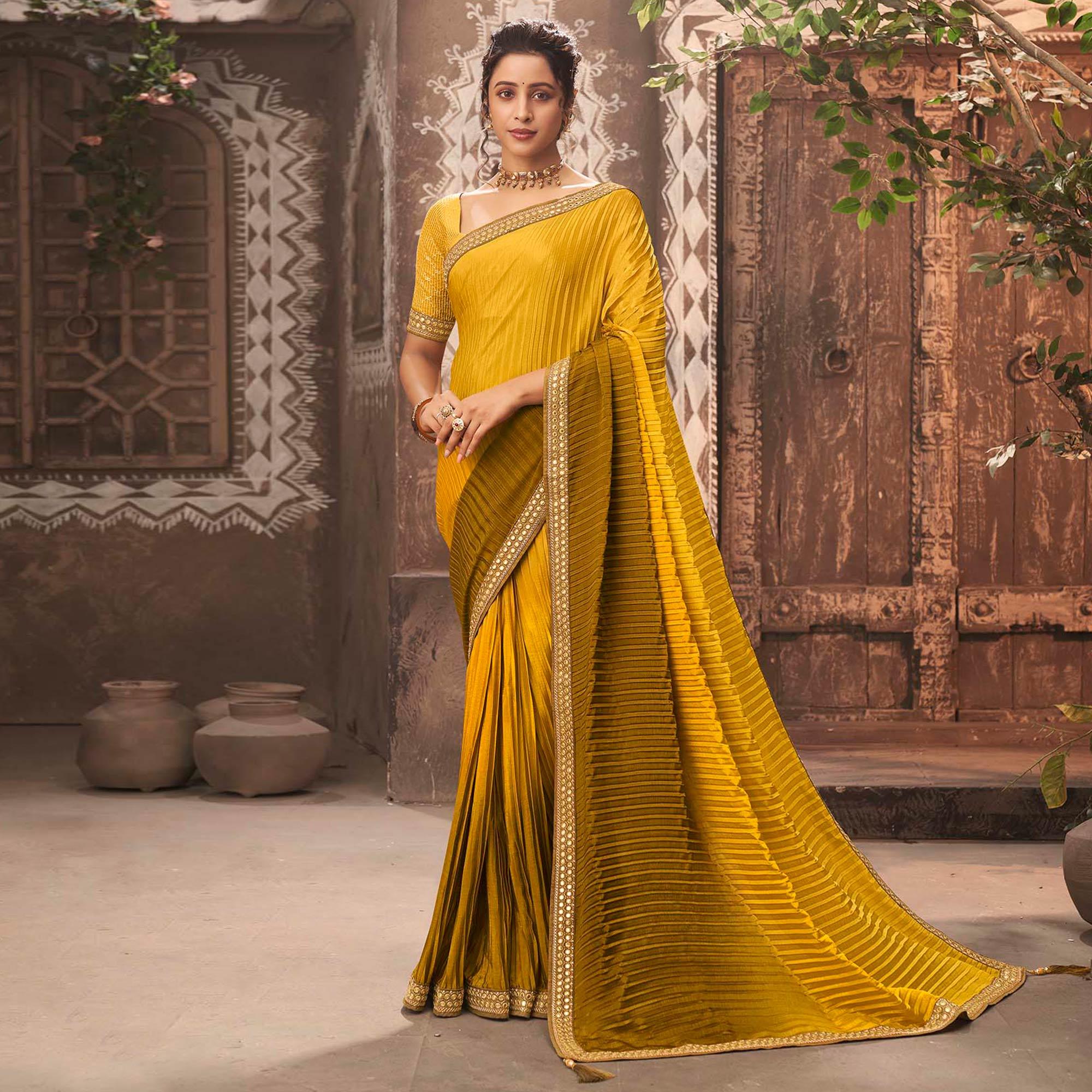 Yellow Partywear Crushed Chiffon Saree with Fancy Lace - Peachmode
