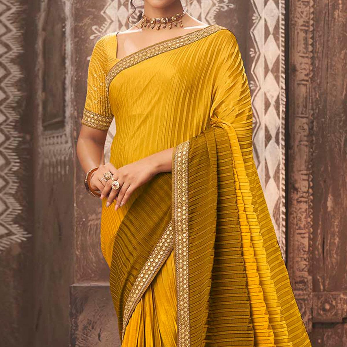 Yellow Partywear Crushed Chiffon Saree with Fancy Lace - Peachmode