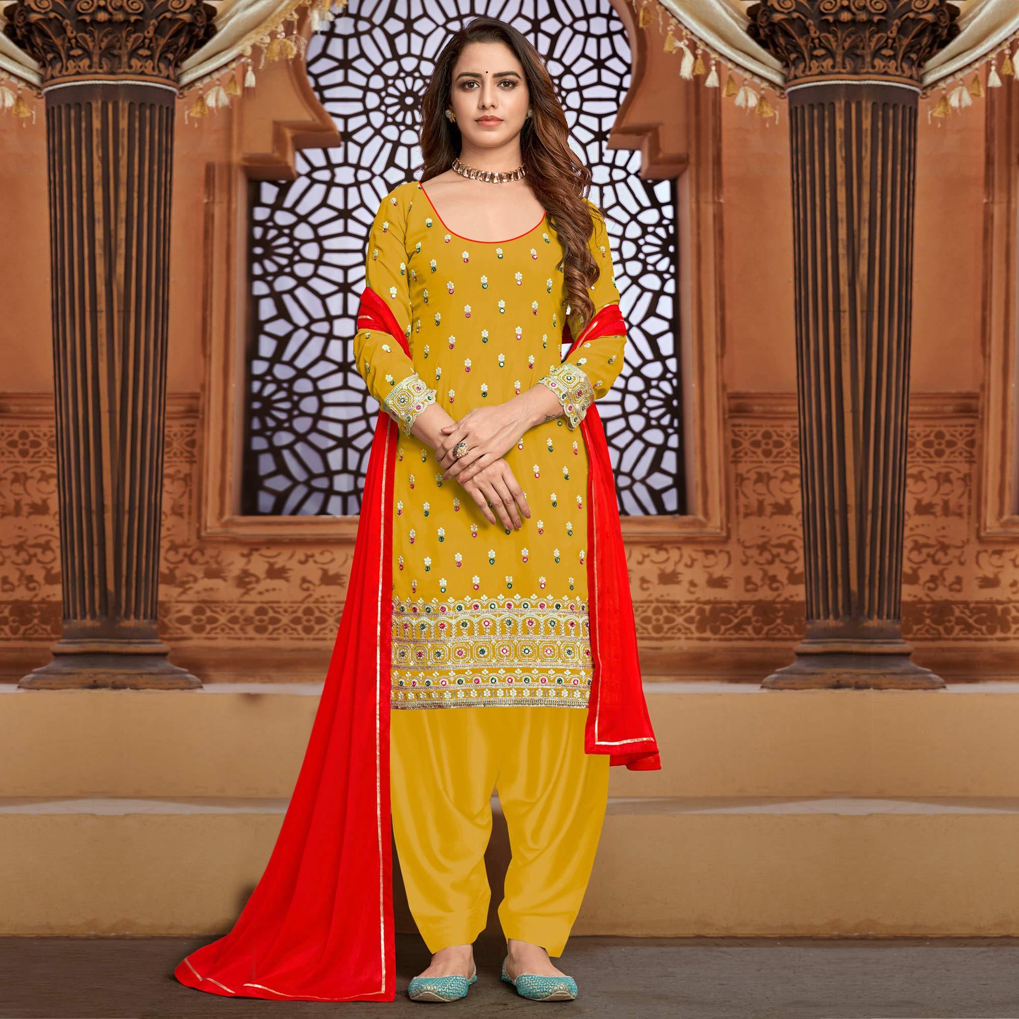 Yellow Partywear Designer Embroidered Faux Georgette Patiyala Suit - Peachmode