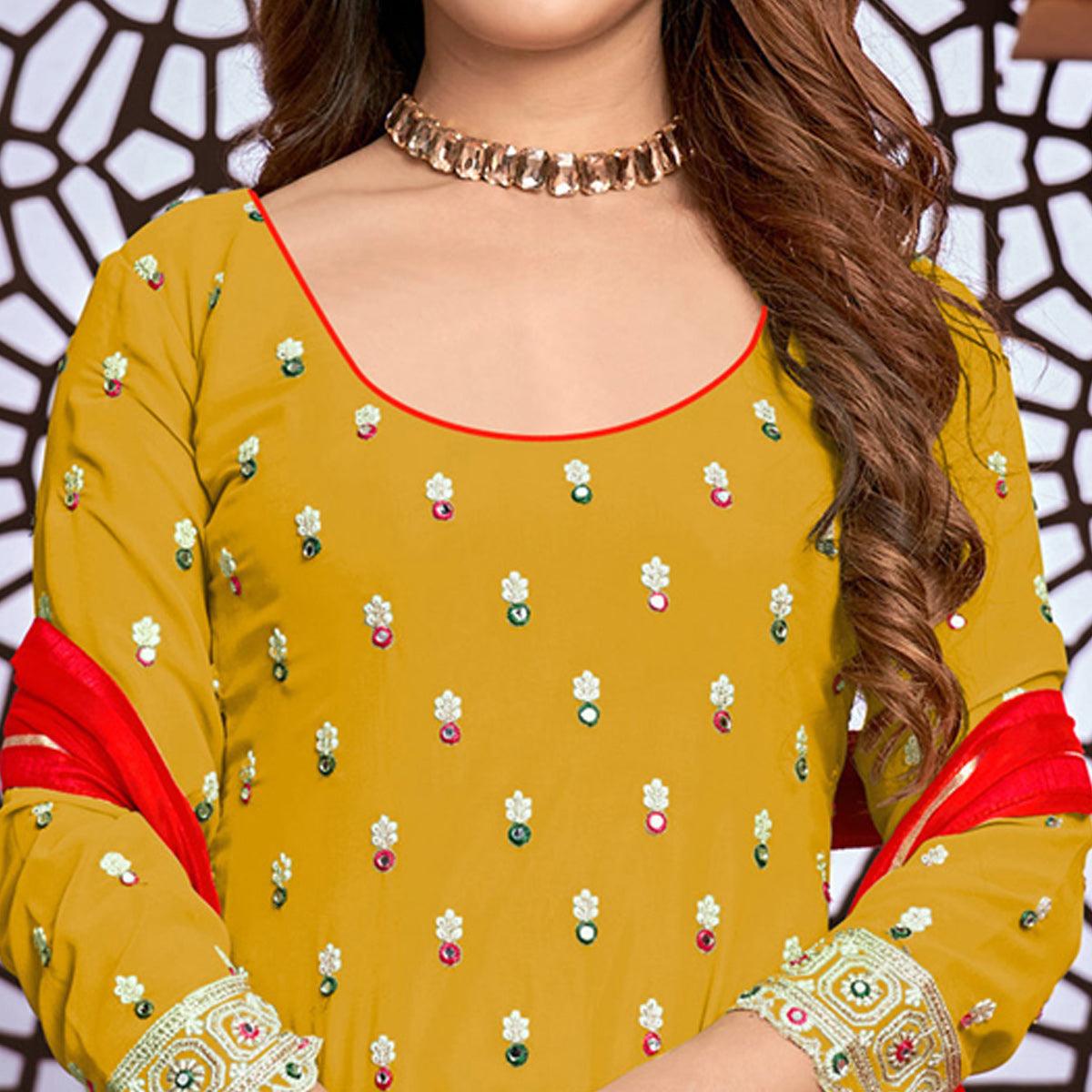 Yellow Partywear Designer Embroidered Faux Georgette Patiyala Suit - Peachmode