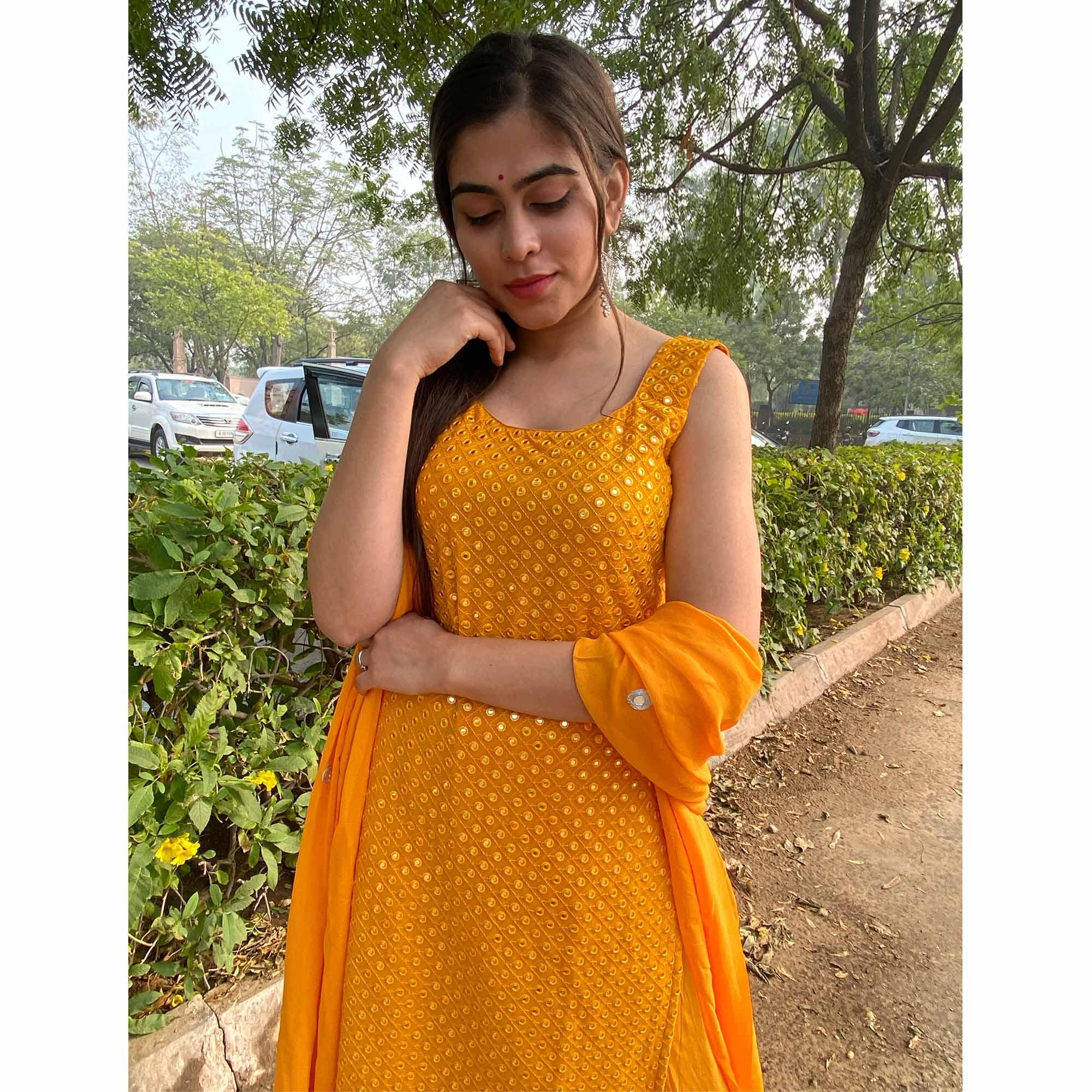 Yellow Partywear Designer Embroidered Georgette Palazzo Suit - Peachmode