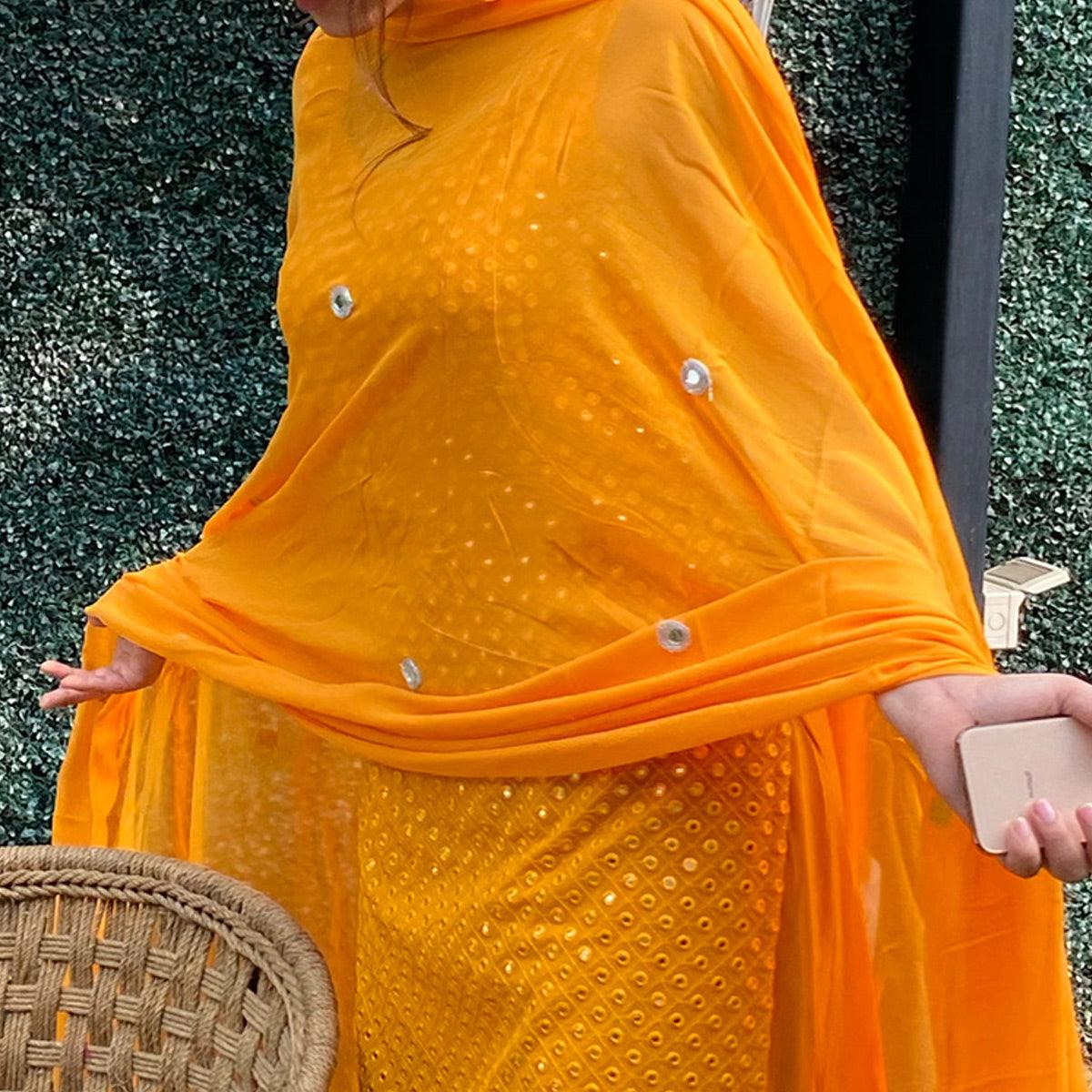 Yellow Partywear Designer Embroidered Georgette Palazzo Suit - Peachmode