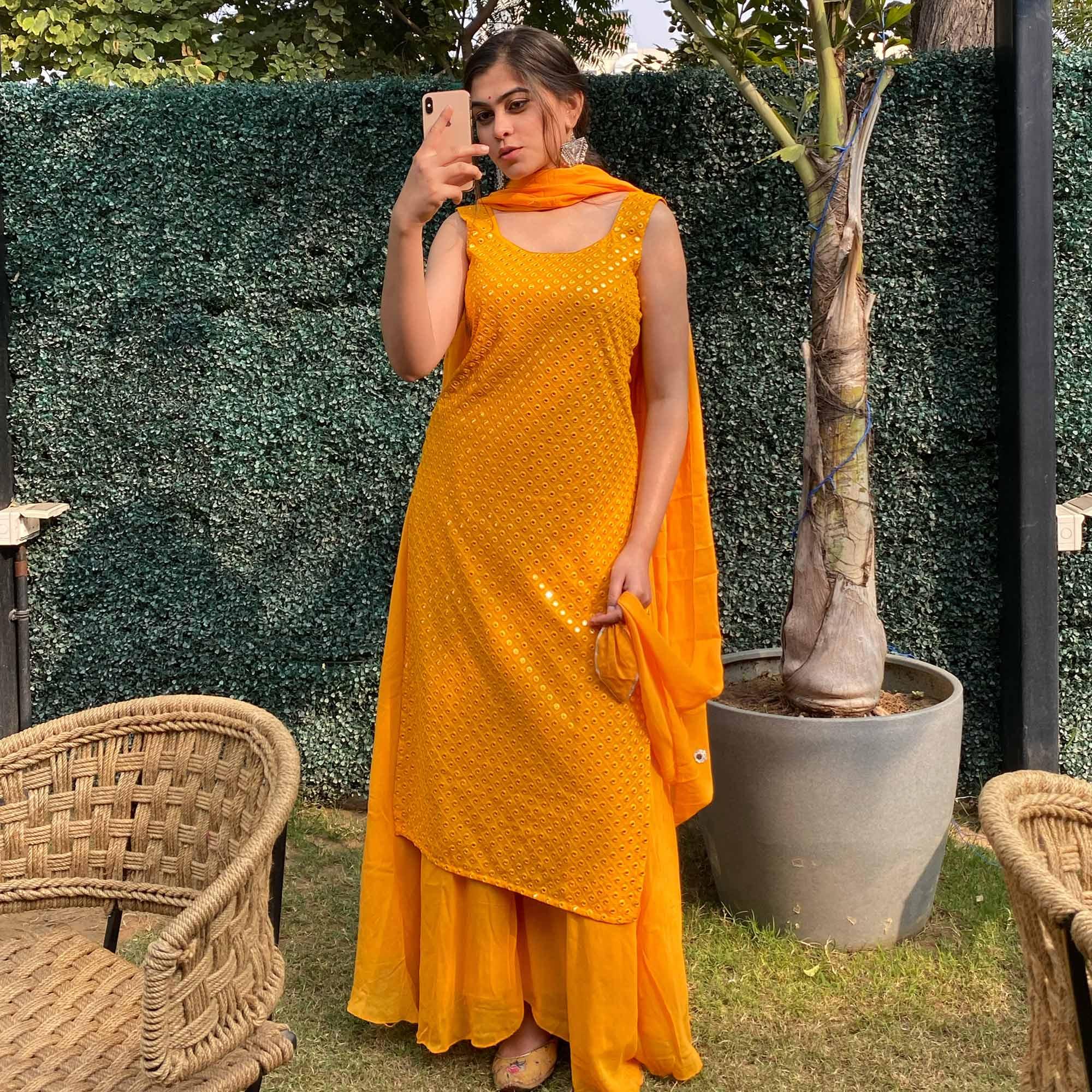 Yellow Partywear Designer Embroidered Georgette Palazzo Suit - Peachmode