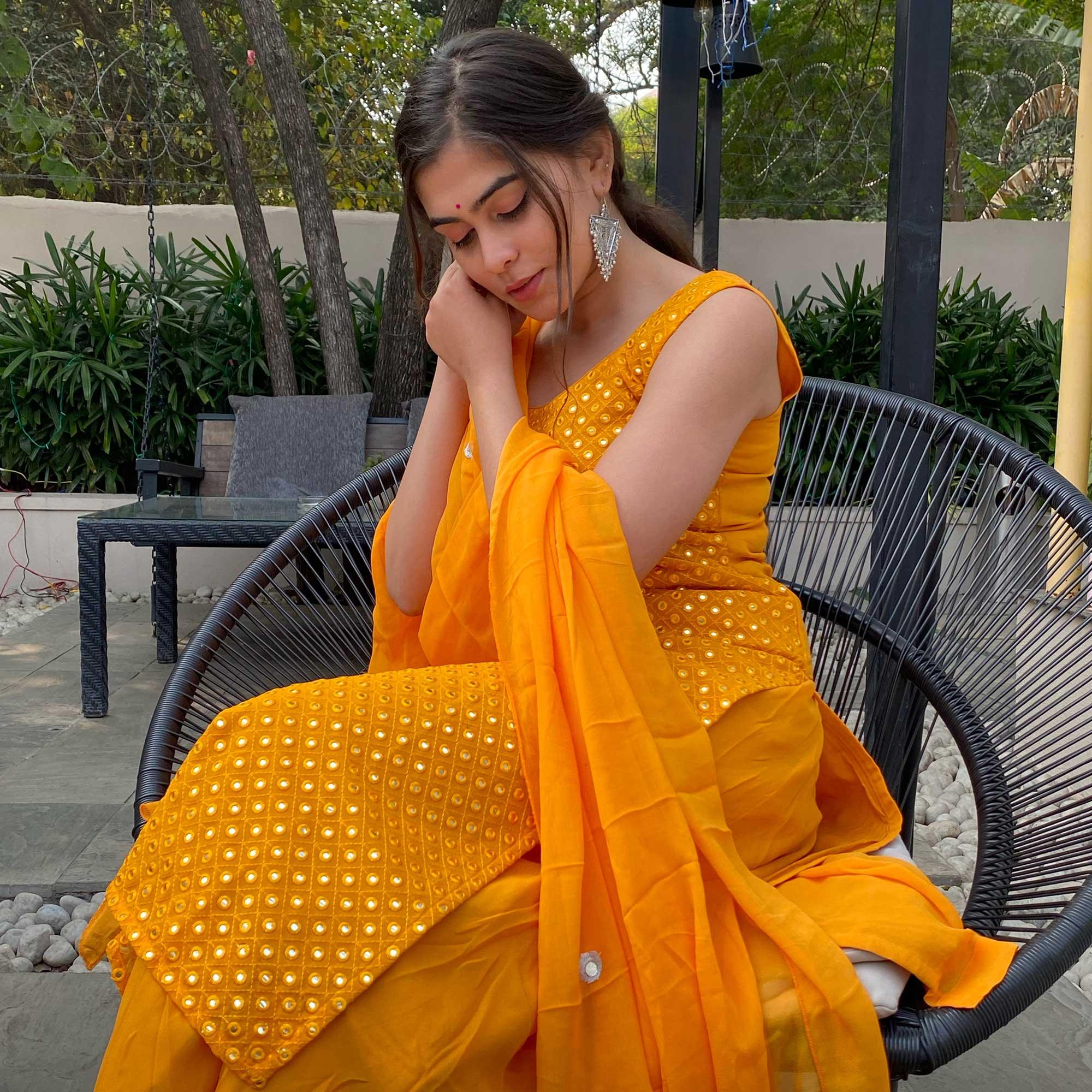 Yellow Partywear Designer Embroidered Georgette Palazzo Suit - Peachmode