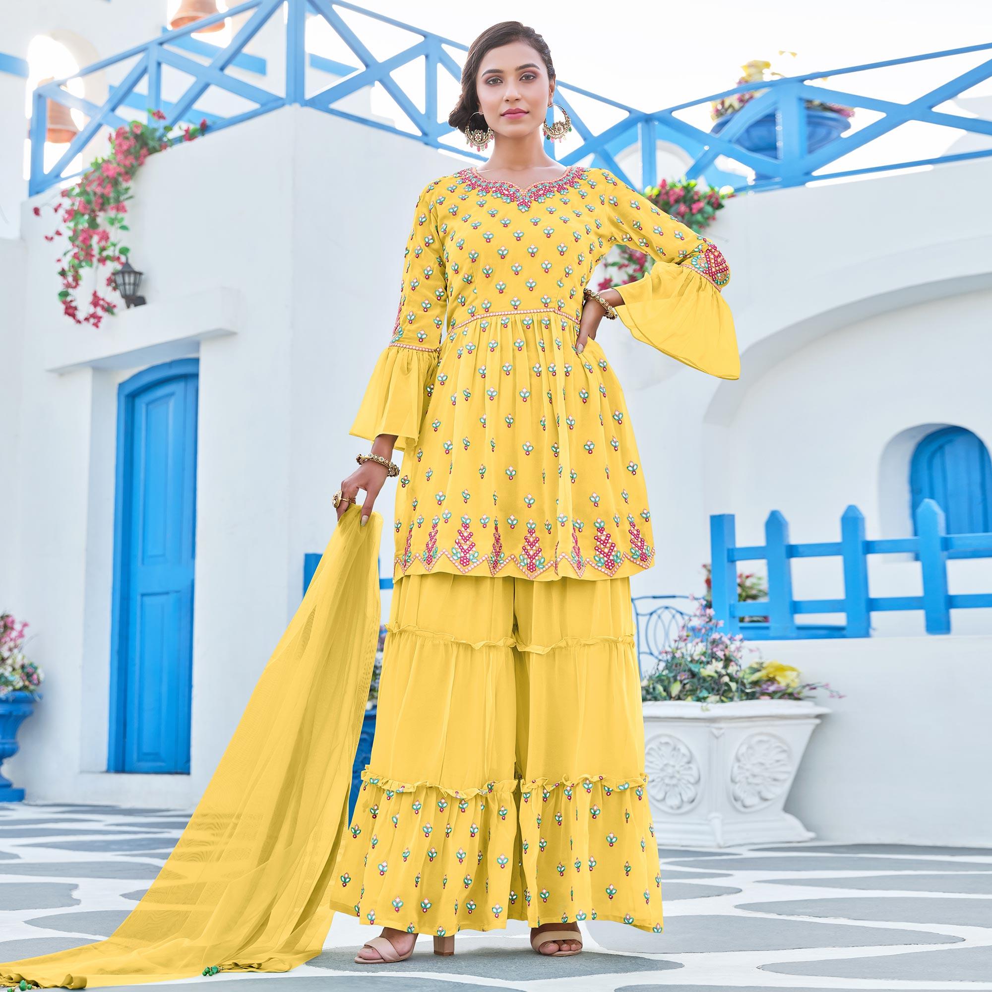 Yellow Partywear Designer Embroidery Georgette Sharara Suit - Peachmode