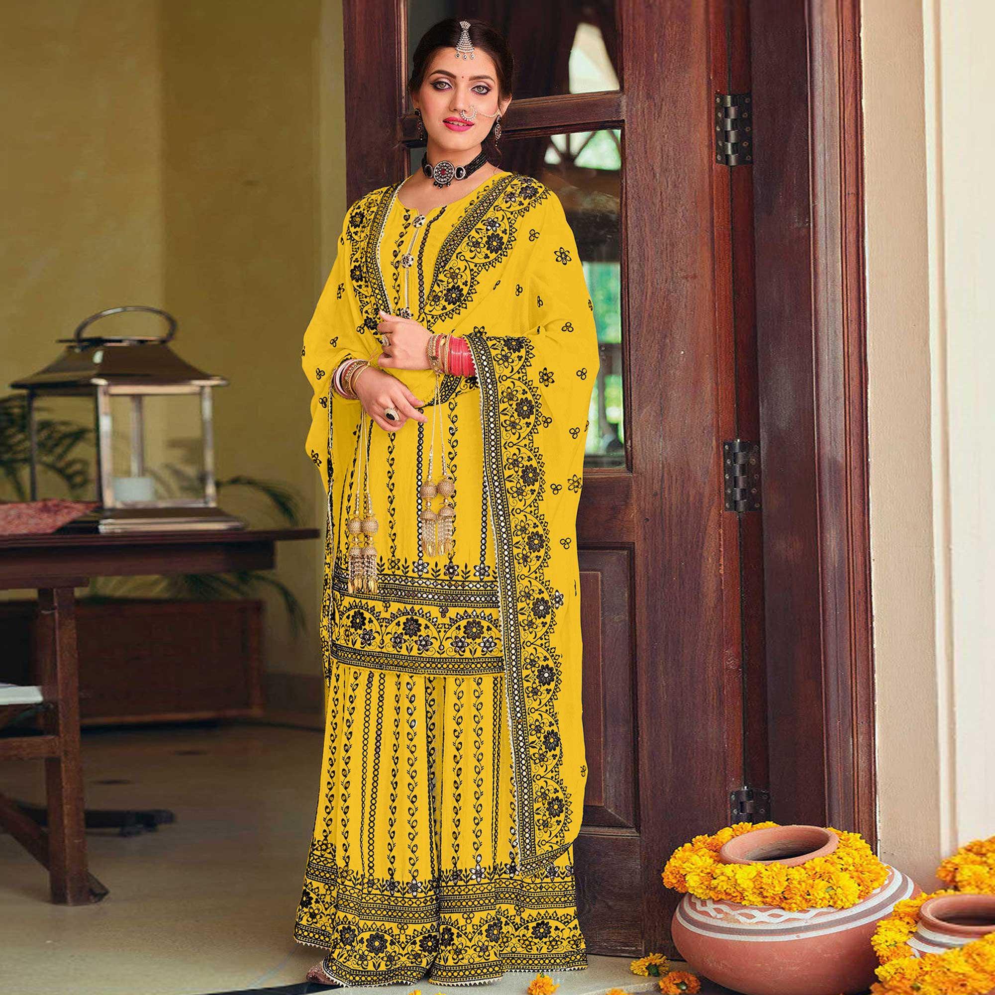 Yellow Partywear Designer Floral Embroidered Georgette Palazzo Suit - Peachmode