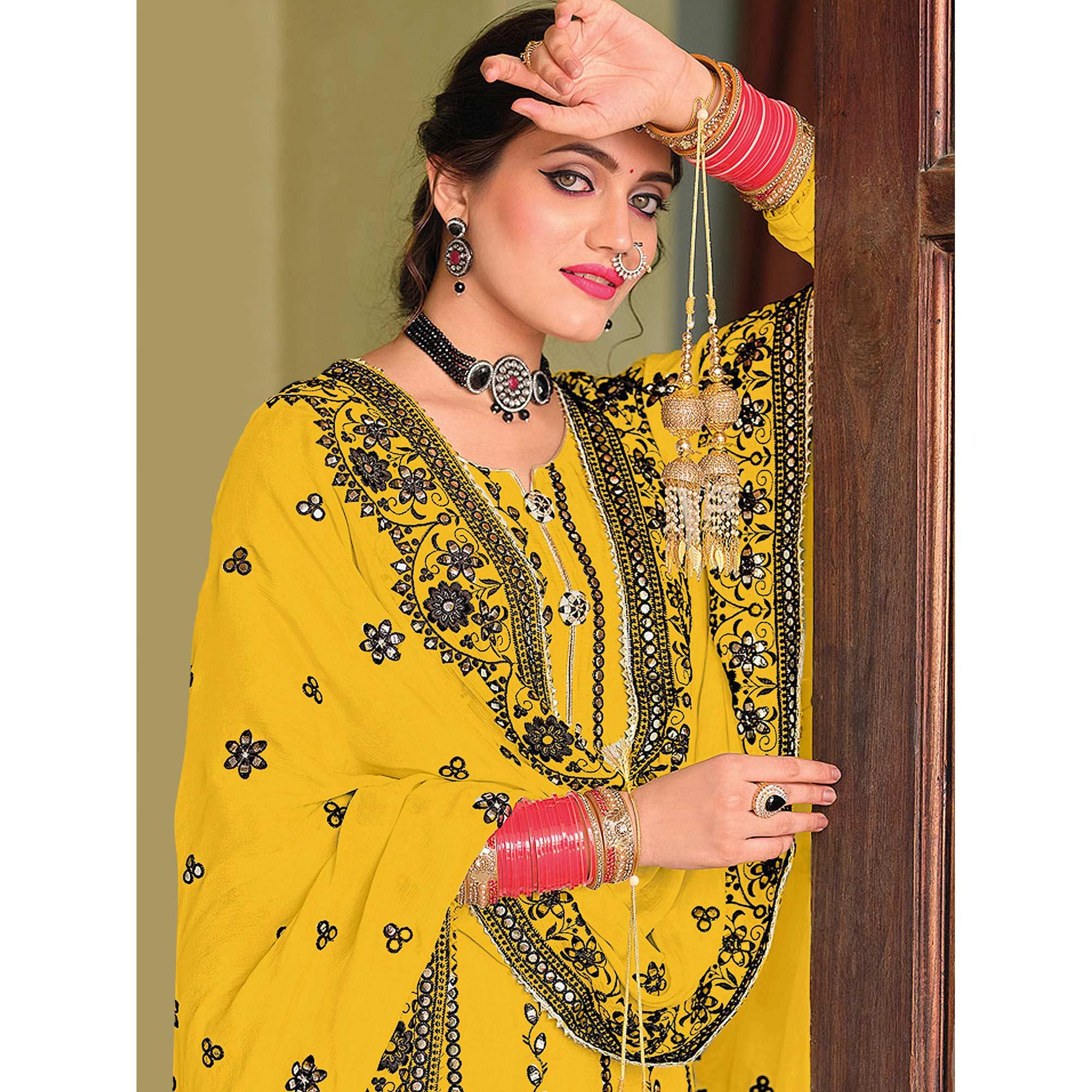 Yellow Partywear Designer Floral Embroidered Georgette Palazzo Suit - Peachmode