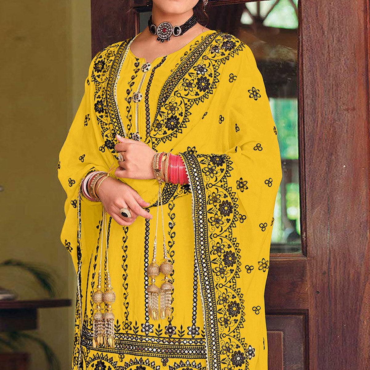 Yellow Partywear Designer Floral Embroidered Georgette Palazzo Suit - Peachmode