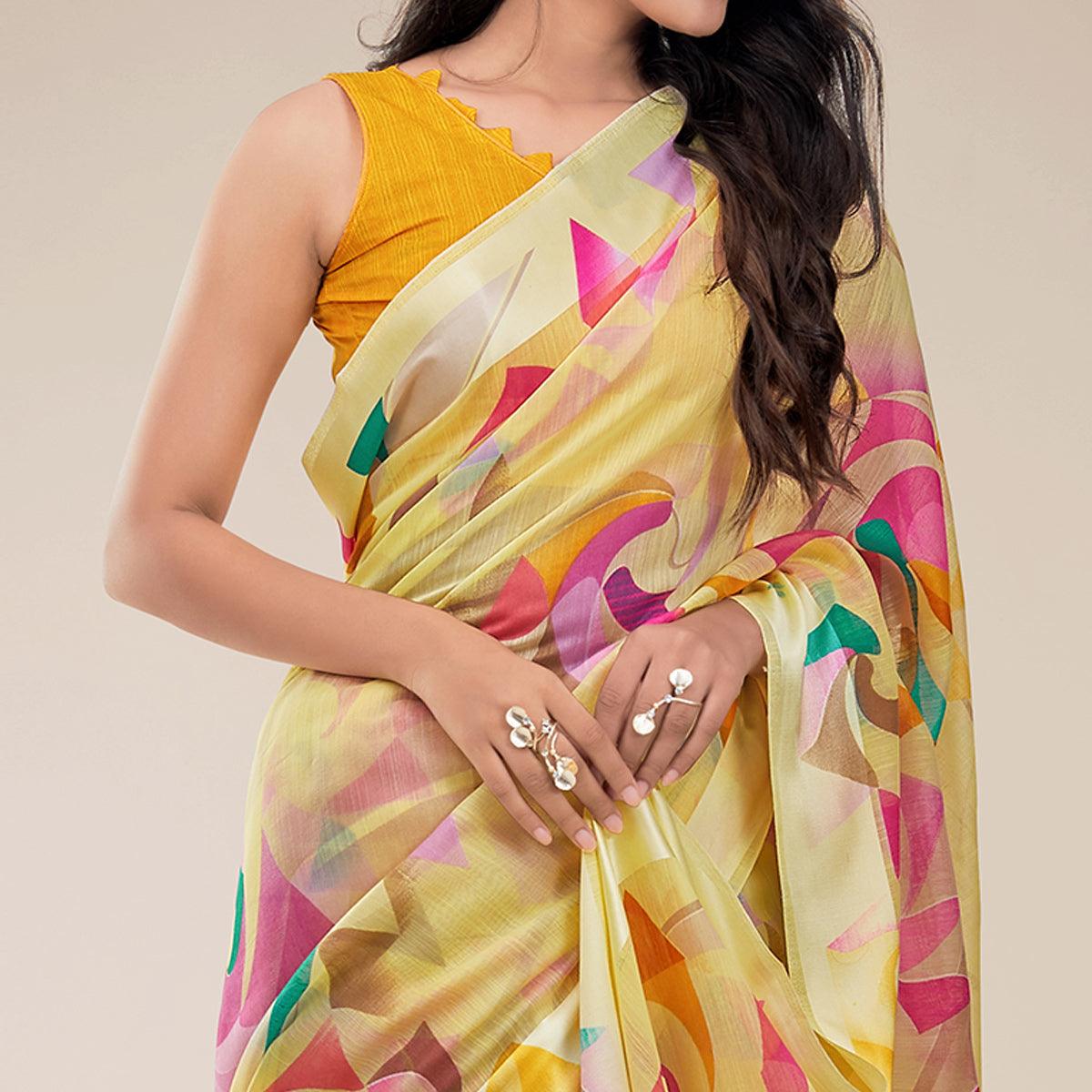 Yellow Partywear Designer Geometric Printed Linen Saree - Peachmode