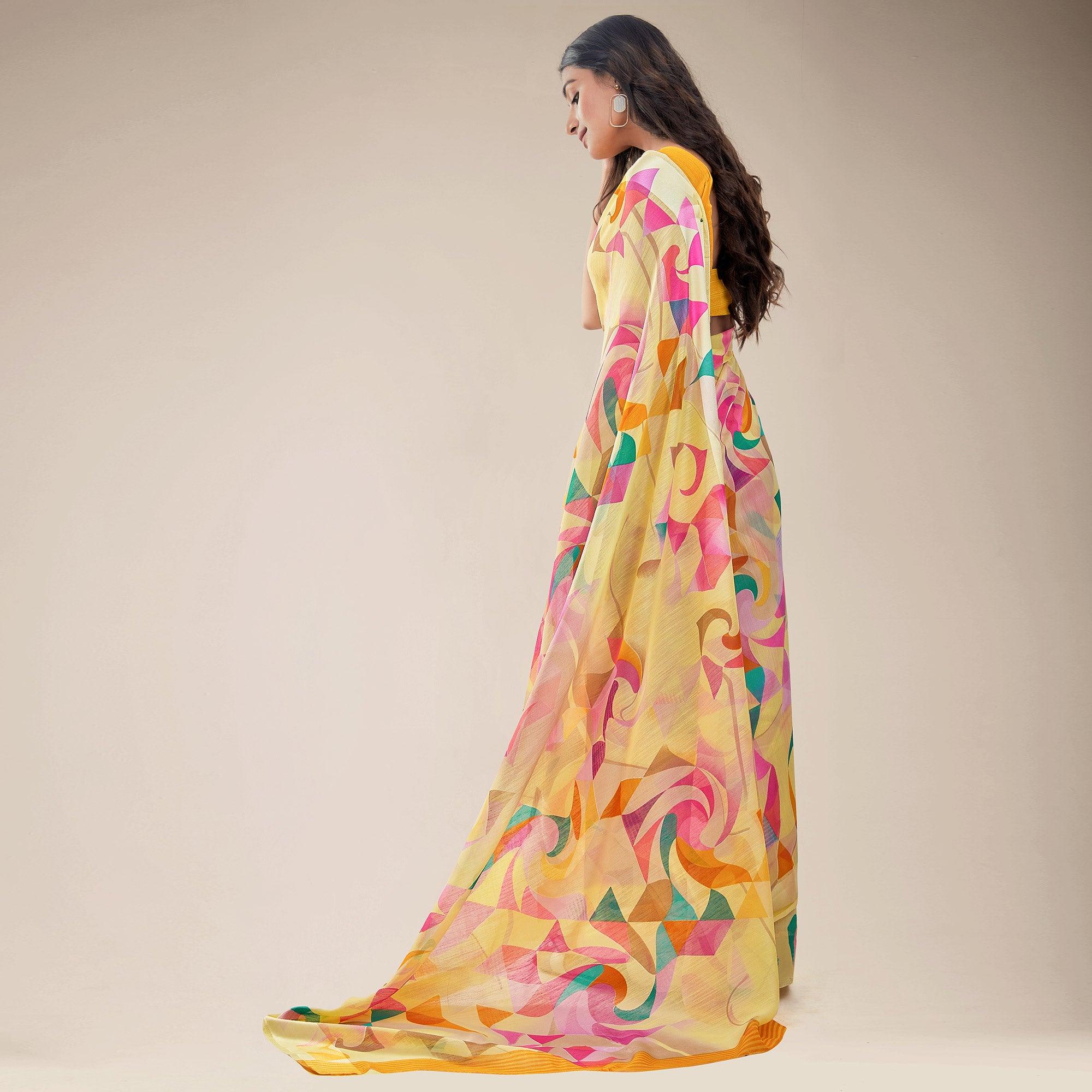 Yellow Partywear Designer Geometric Printed Linen Saree - Peachmode