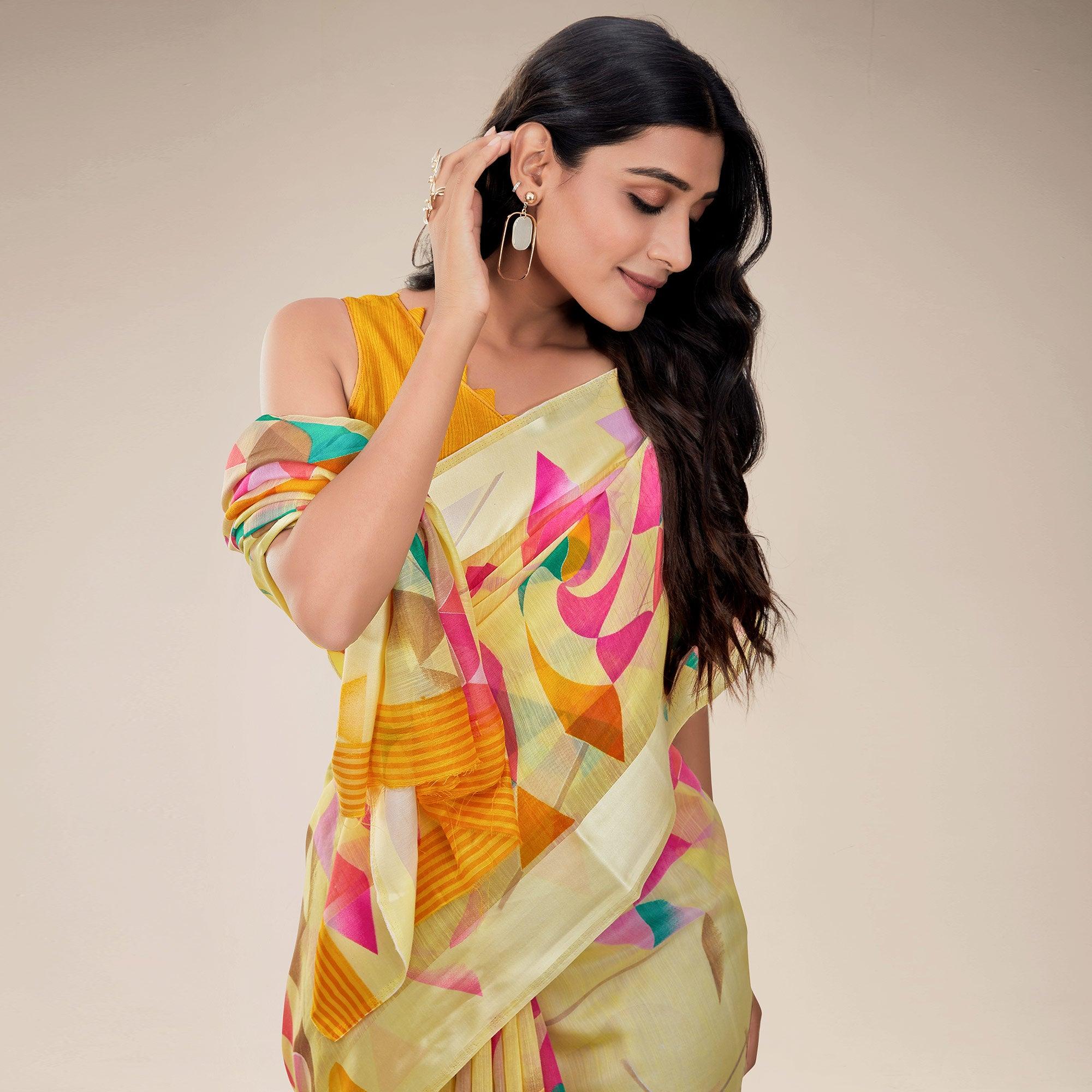 Yellow Partywear Designer Geometric Printed Linen Saree - Peachmode
