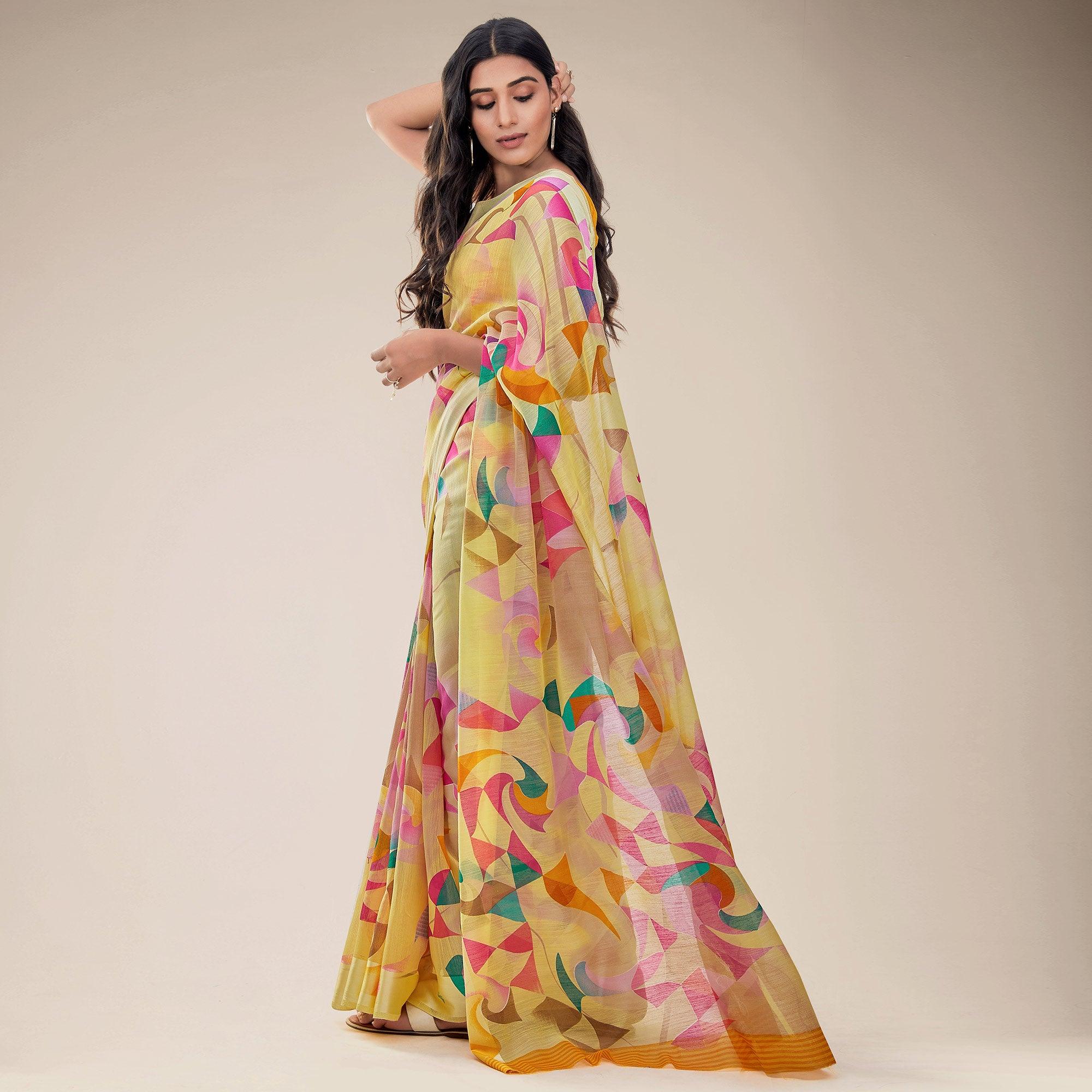 Yellow Partywear Designer Geometric Printed Linen Saree - Peachmode