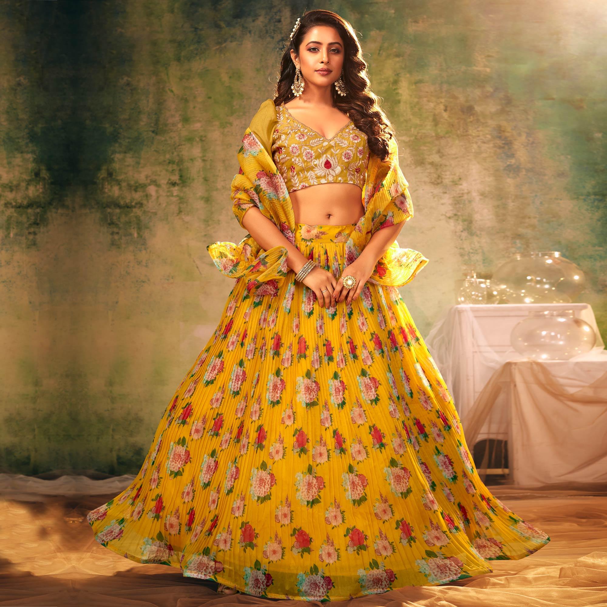 Yellow Partywear Digital Printed with Crushed Plated Pattern Organza Lehenga Choli - Peachmode