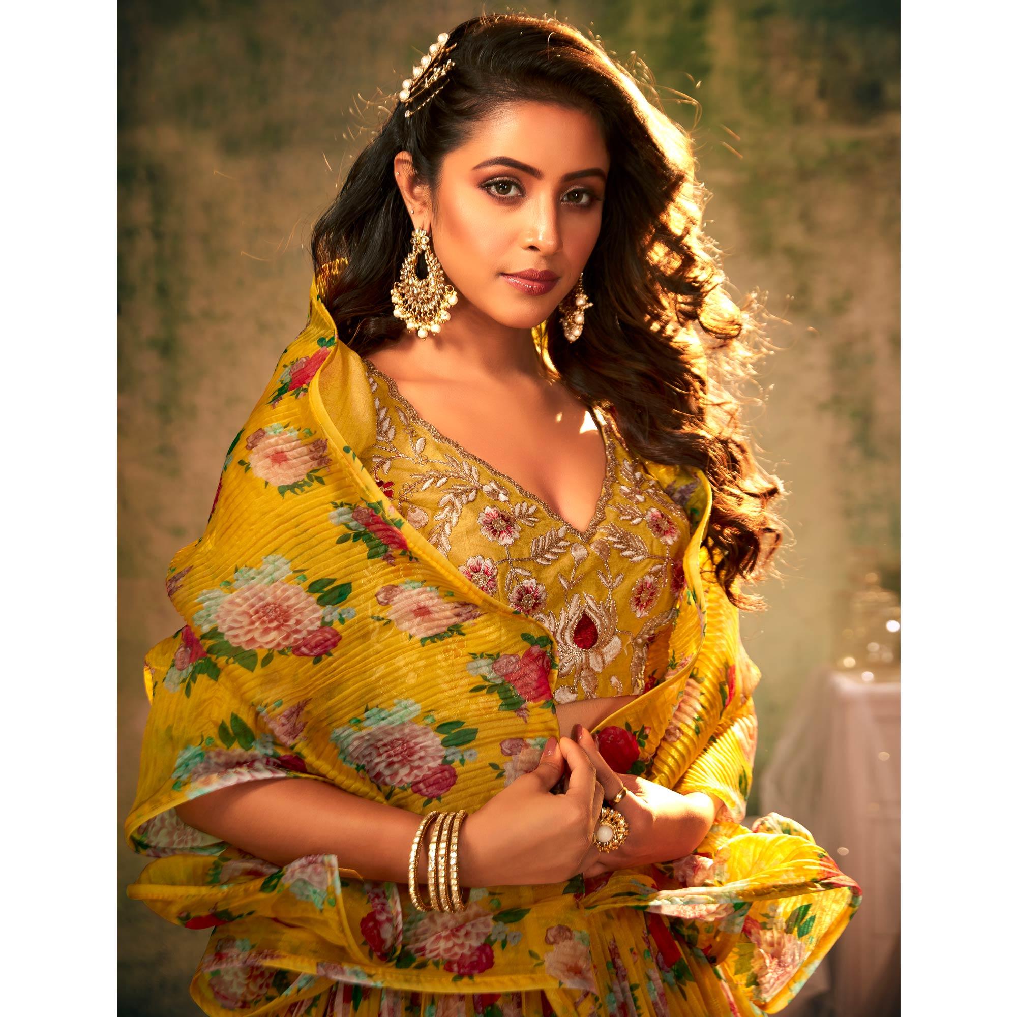 Yellow Partywear Digital Printed with Crushed Plated Pattern Organza Lehenga Choli - Peachmode