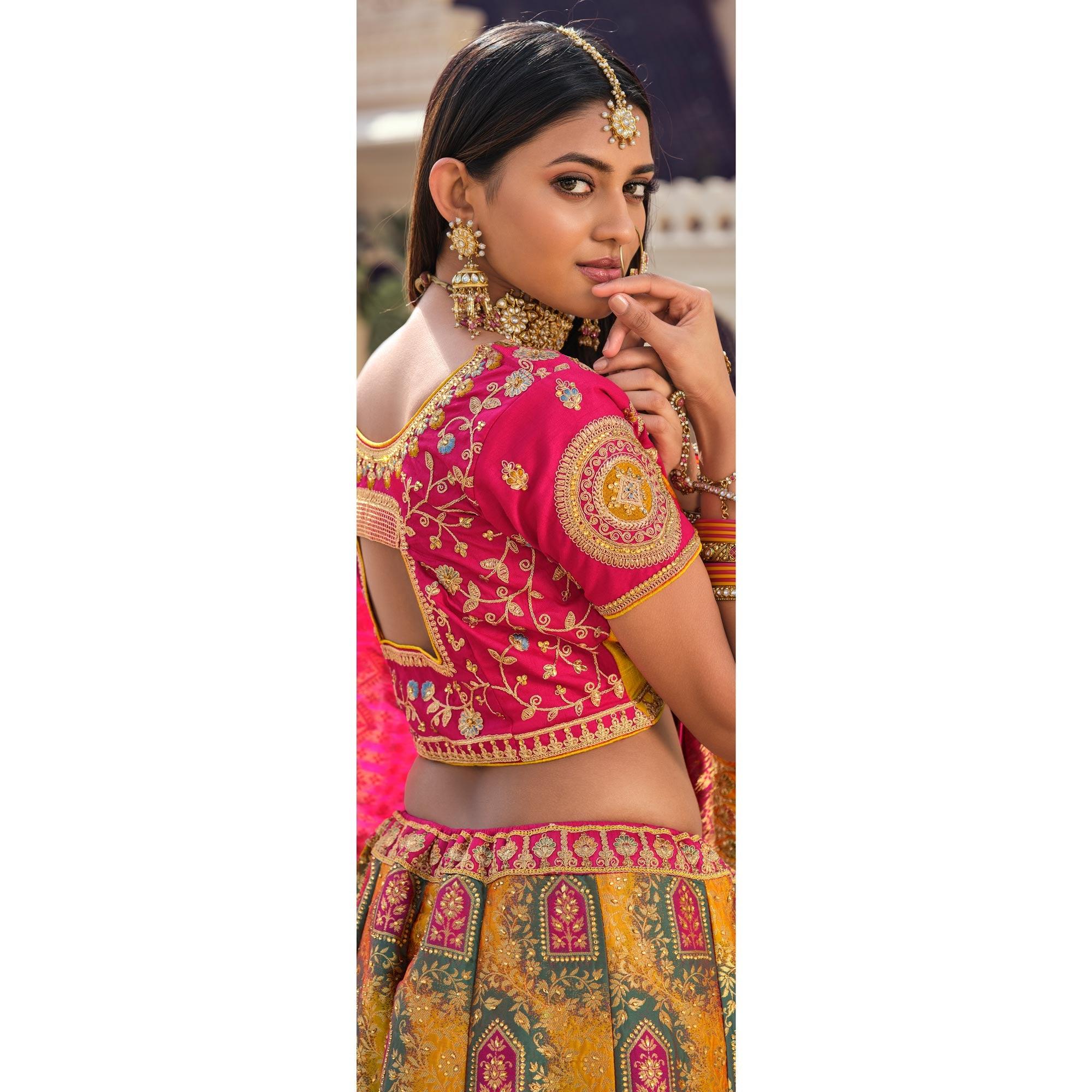 Yellow Partywear Embellished Embroidered Banarasi Silk Lehenga - Peachmode