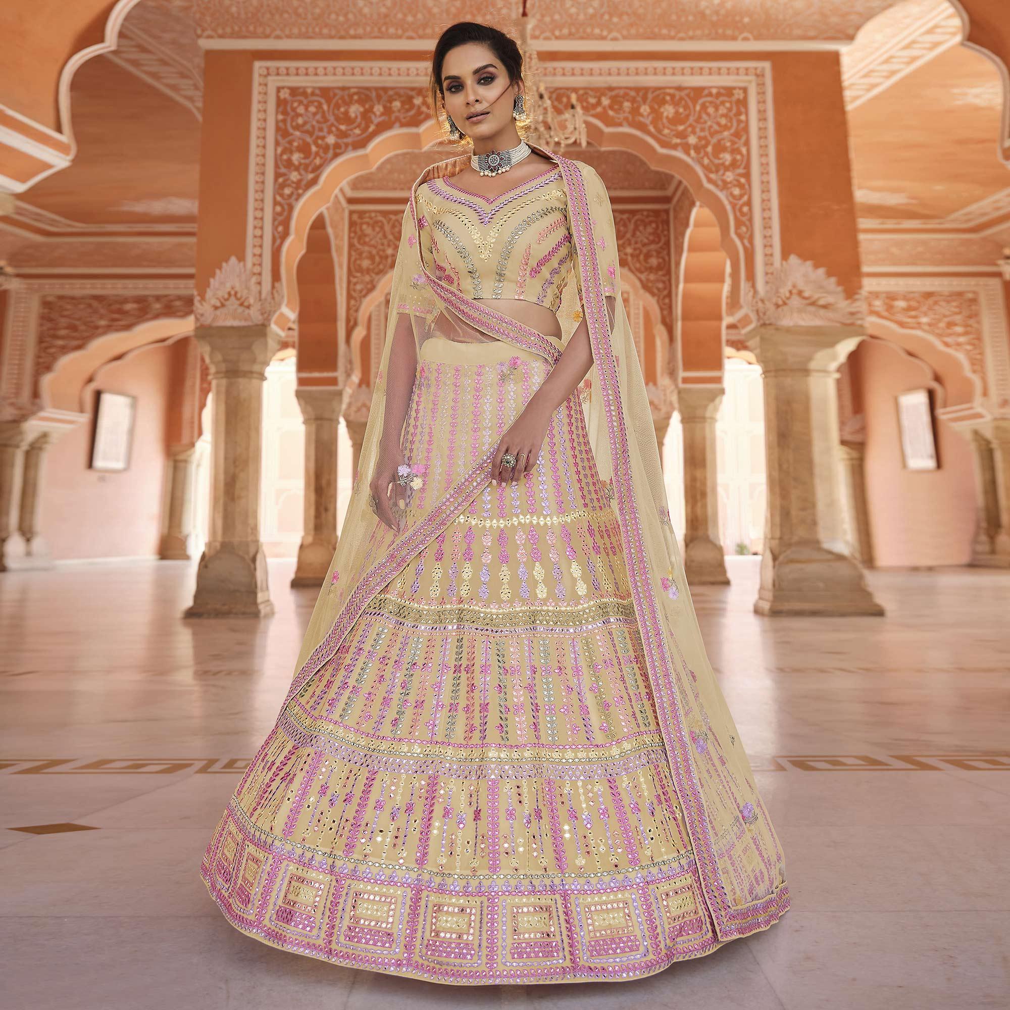 Yellow Partywear Embellished Organza Lehenga Choli - Peachmode