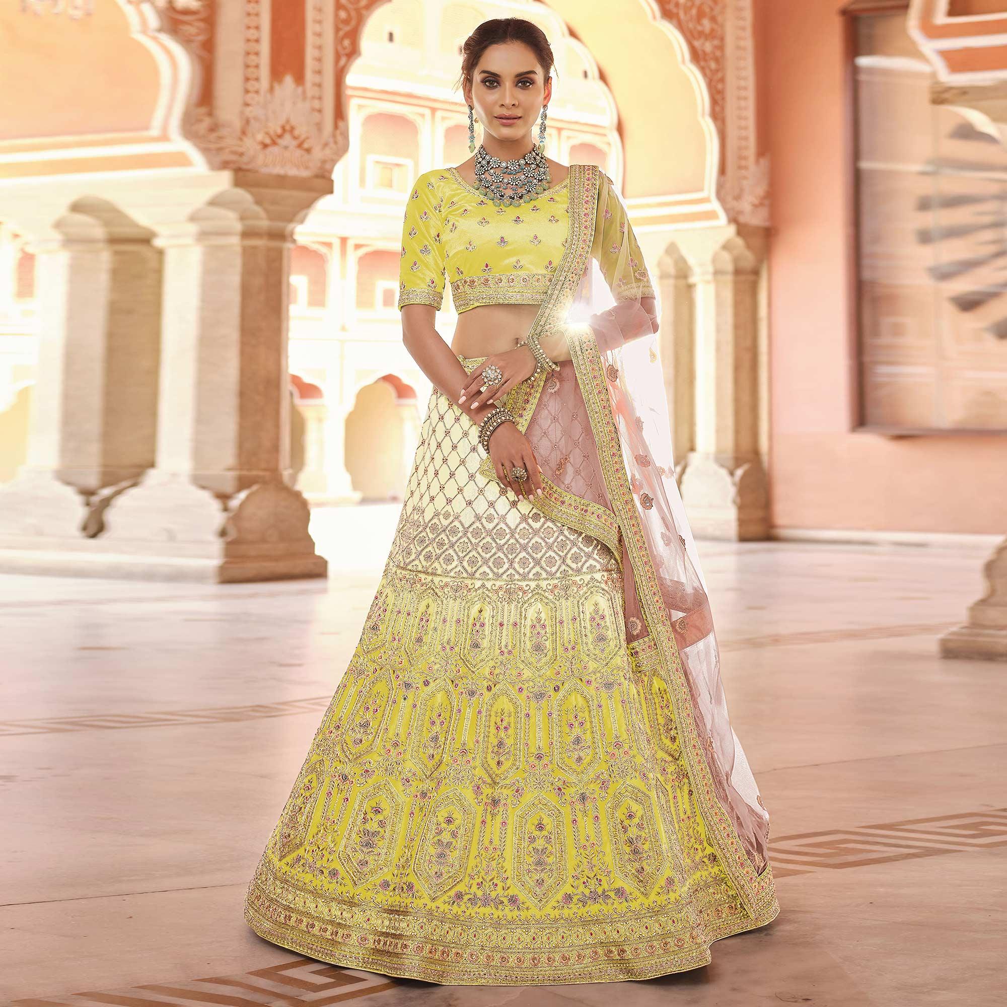 Yellow Partywear Embellished Velvet Lehenga Choli - Peachmode