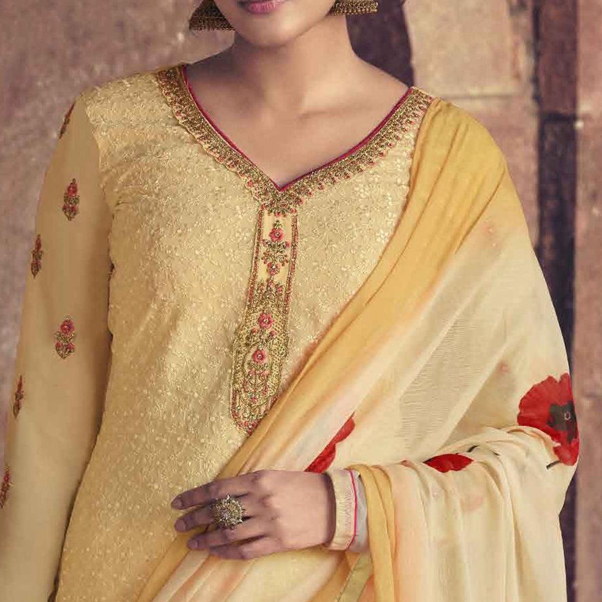 Yellow Partywear Embroidered & Embellished Faux Georgette Salwar Suit - Peachmode