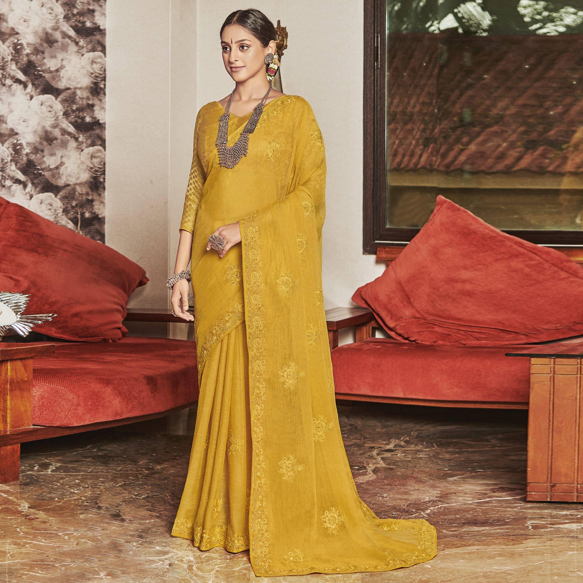 Yellow Partywear Embroidered Chiffon Saree - Peachmode