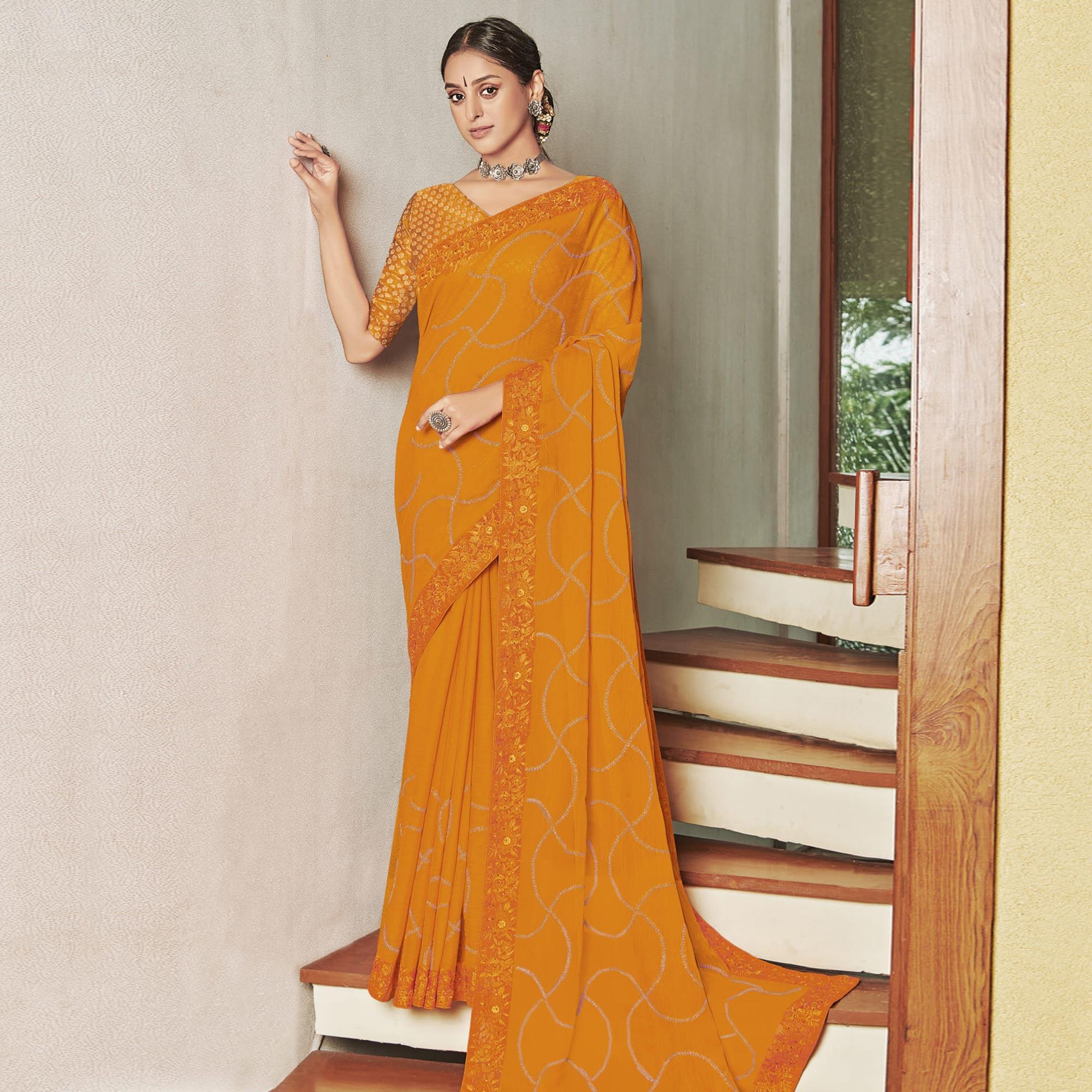Yellow Partywear Embroidered Chiffon Saree - Peachmode