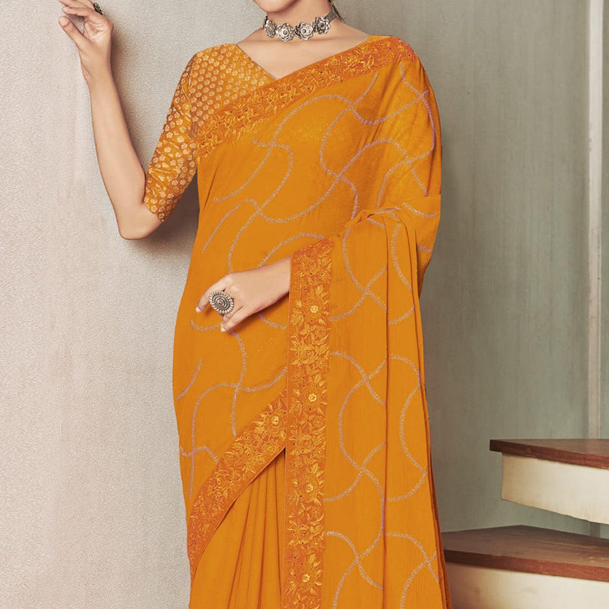Yellow Partywear Embroidered Chiffon Saree - Peachmode