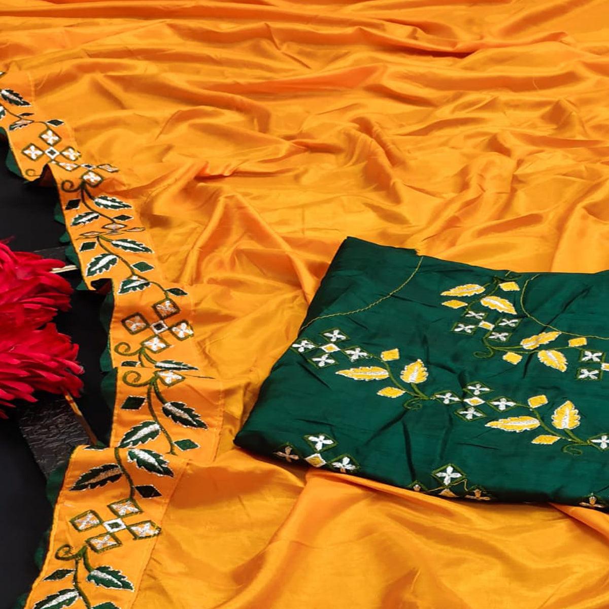 Yellow Partywear Embroidered Dola Silk Saree - Peachmode