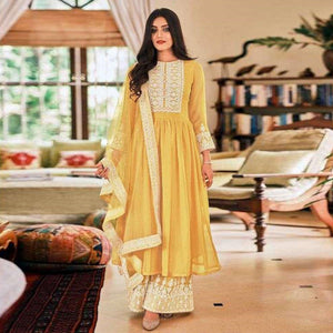 Yellow Partywear Embroidered Faux Georgette Palazzo Suit - Peachmode