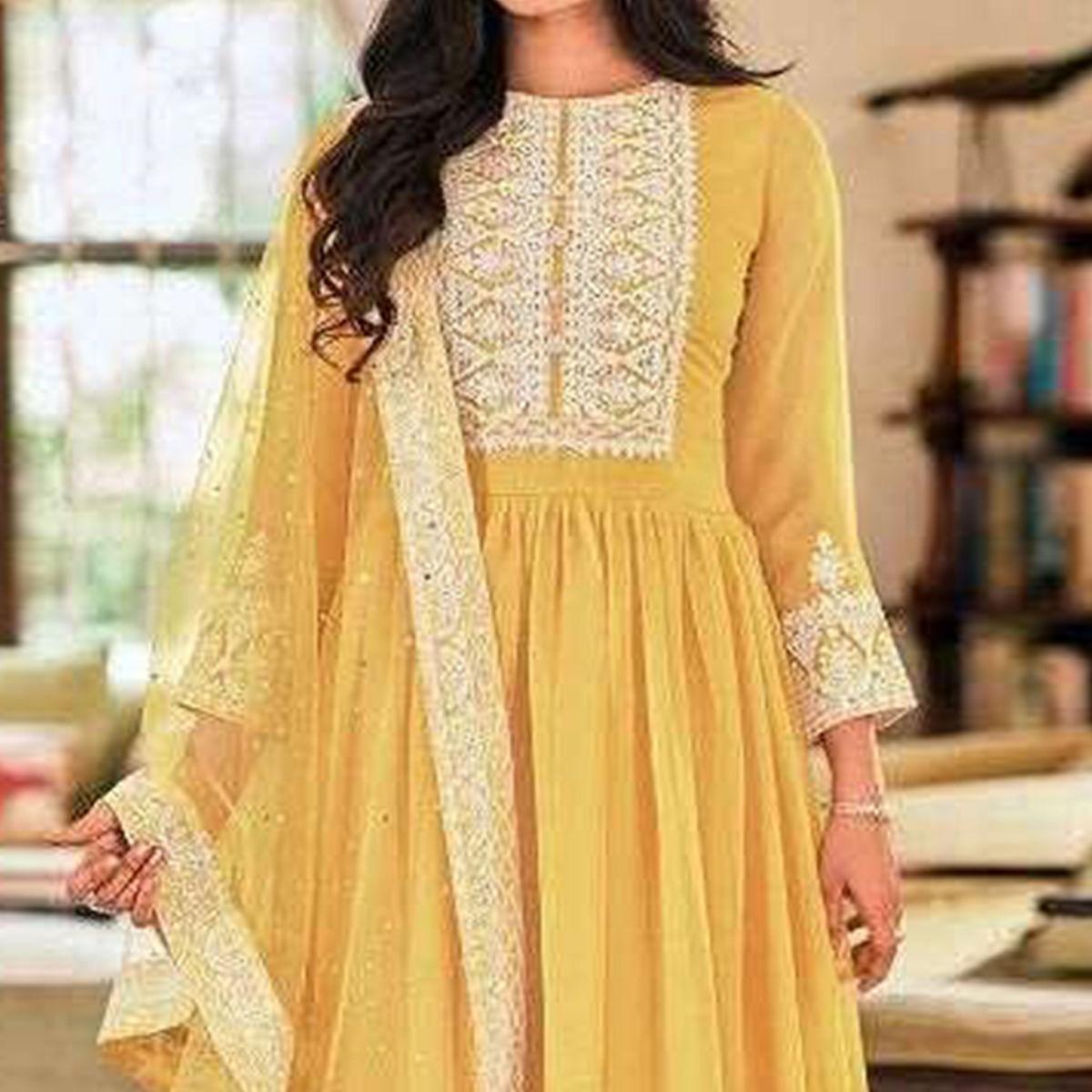 Yellow Partywear Embroidered Faux Georgette Palazzo Suit - Peachmode
