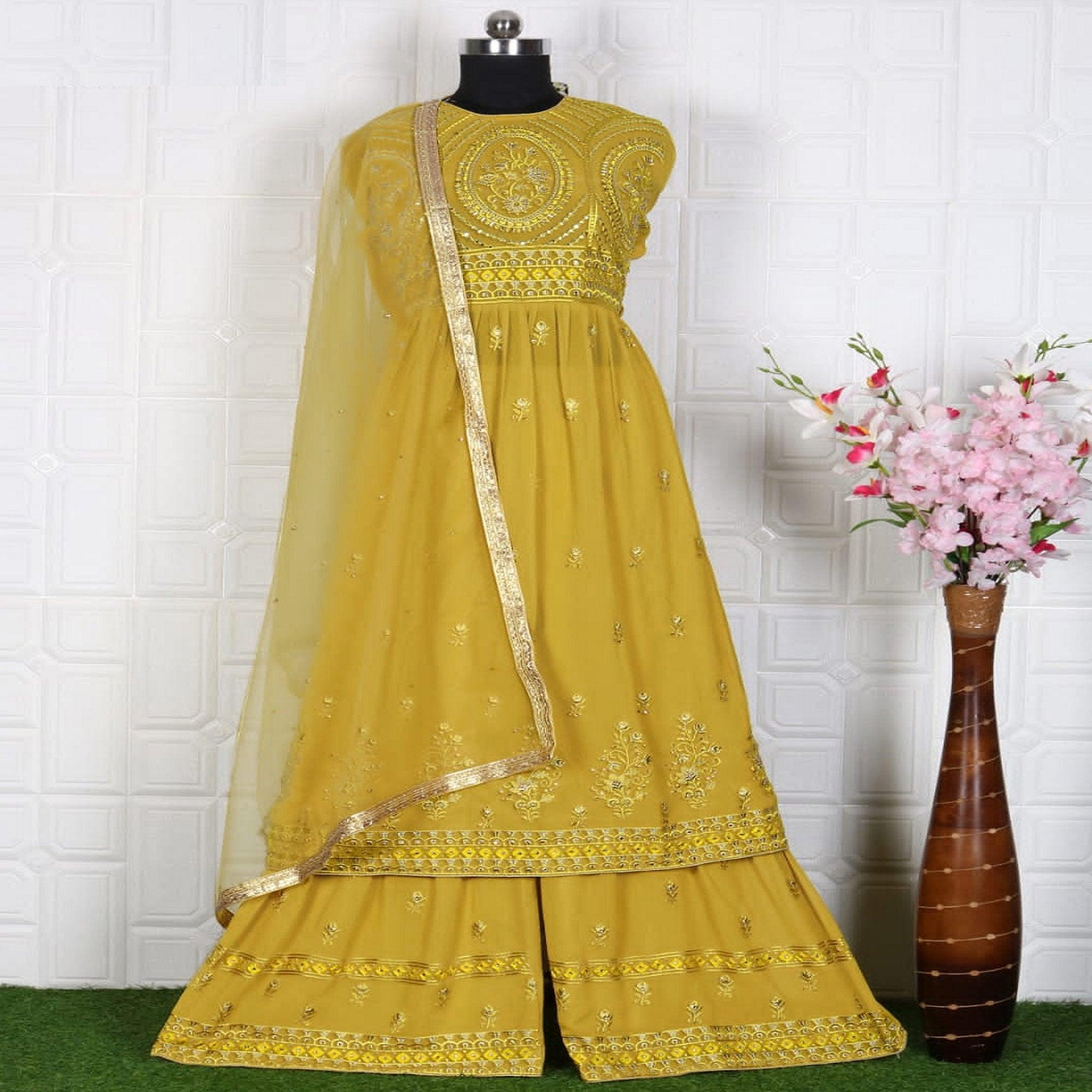 Yellow Partywear Embroidered Faux Georgette Salwar Suit - Peachmode