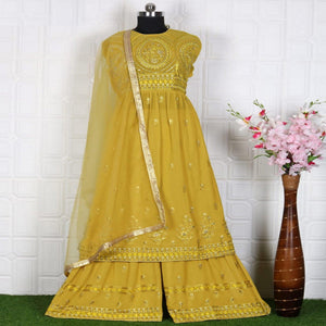 Yellow Partywear Embroidered Faux Georgette Salwar Suit - Peachmode