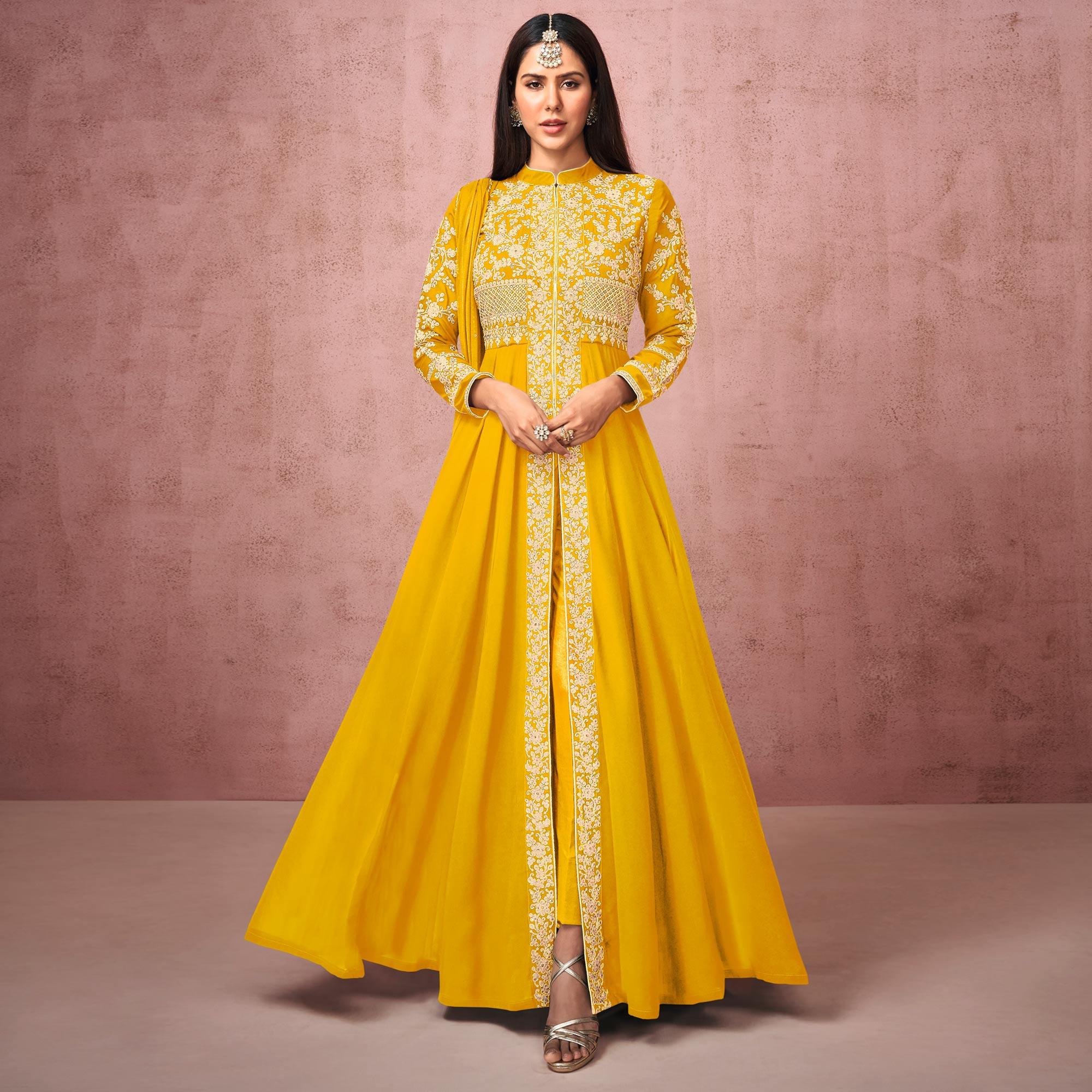 Yellow Partywear Embroidered Georgette Anarkali Suit - Peachmode
