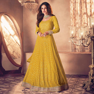 Yellow Partywear Embroidered Georgette Anarkali Suit - Peachmode