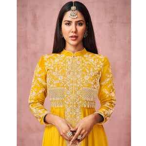 Yellow Partywear Embroidered Georgette Anarkali Suit - Peachmode
