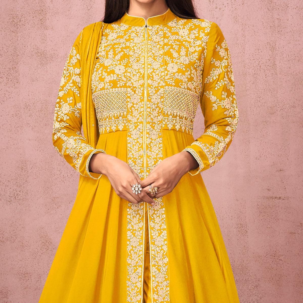 Yellow Partywear Embroidered Georgette Anarkali Suit - Peachmode