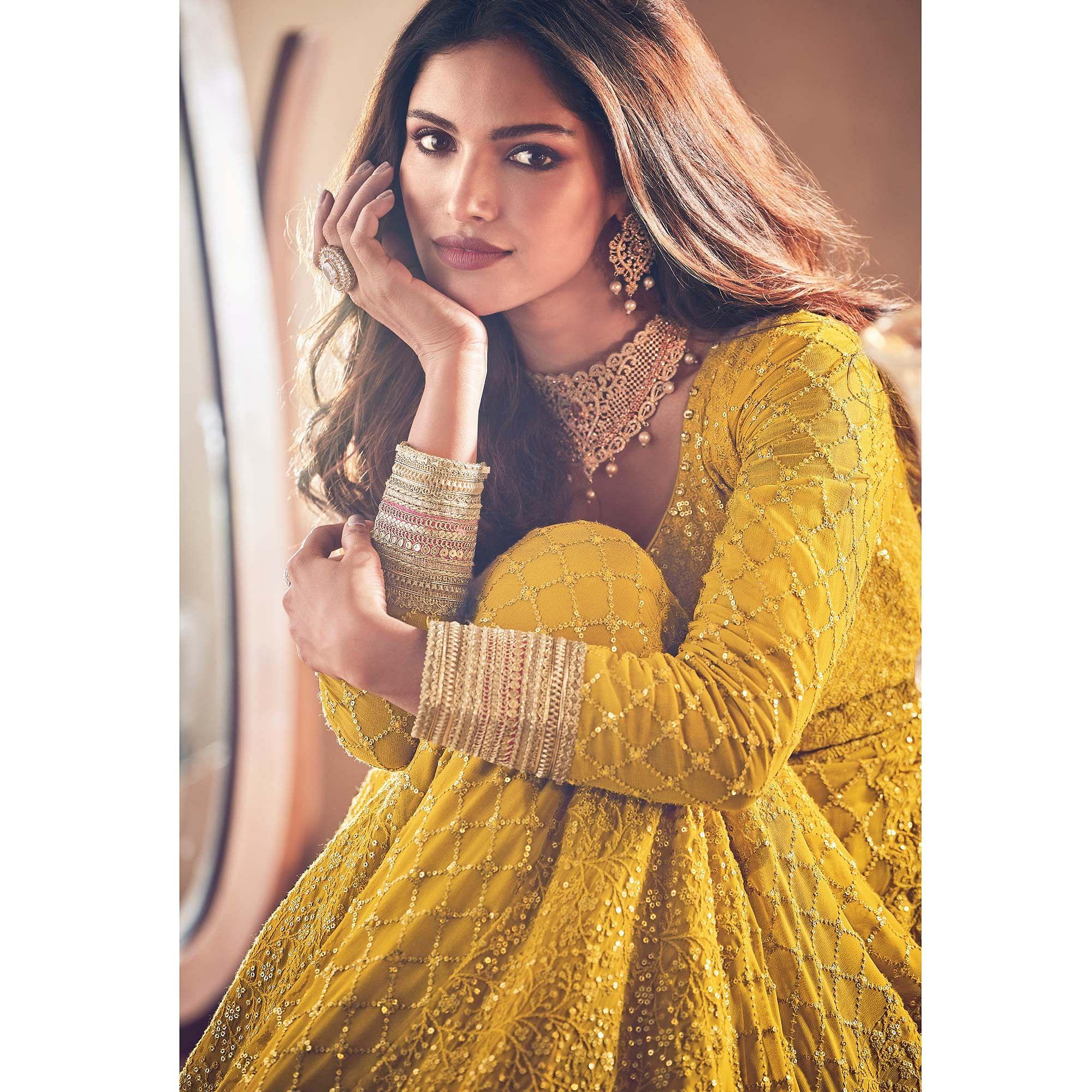 Yellow Partywear Embroidered Georgette Anarkali Suit - Peachmode